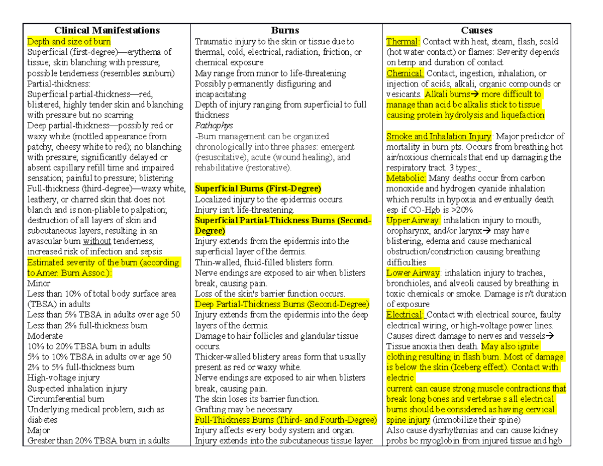 Burns Notes - Clinical Manifestations Depth and size of burn ...