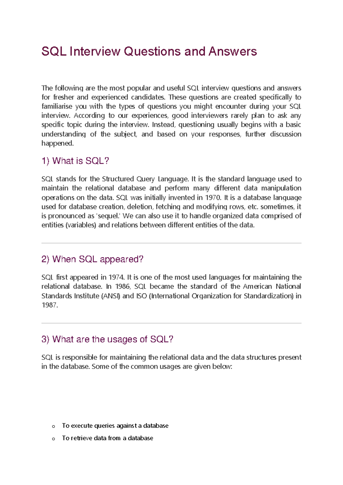 SQL Interview Questions and Answers - These questions are created ...