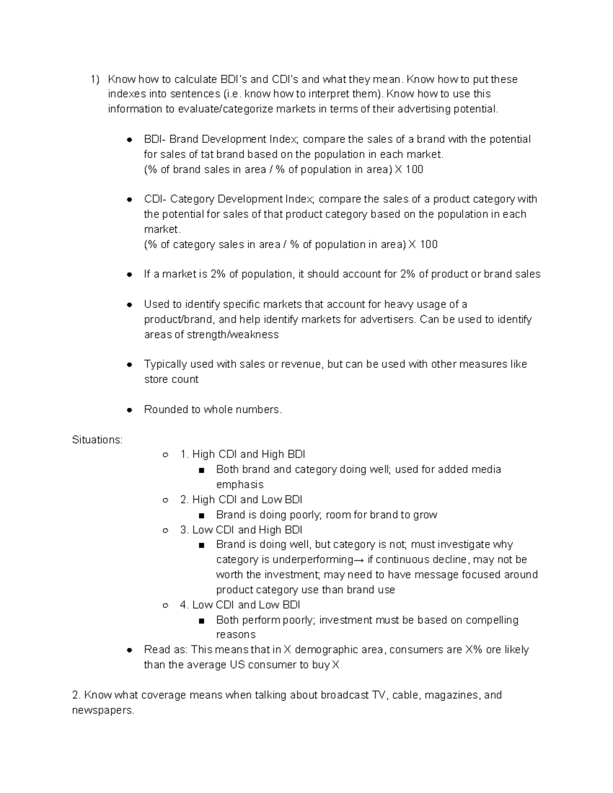 Media Strategy 2 Study Guide - Know how to calculate BDI’s and CDI’s ...