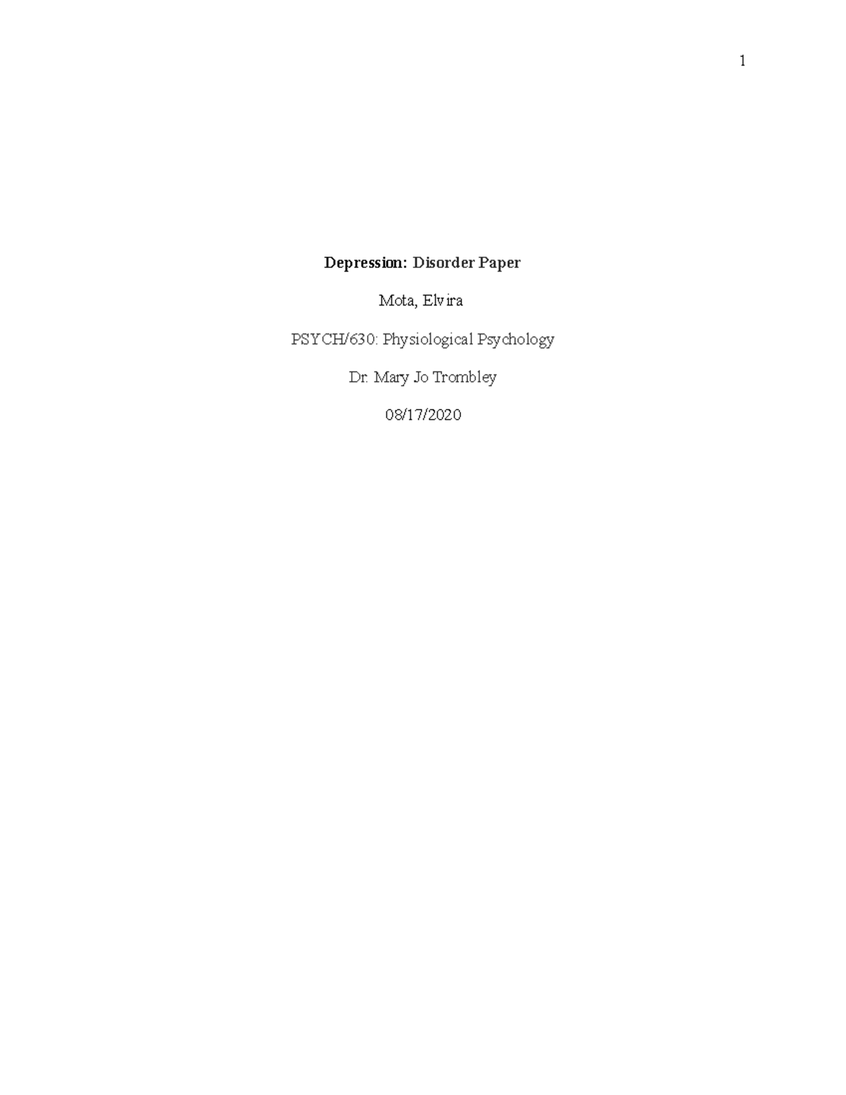 Depression-Final - Depression - Depression: Disorder Paper Mota, Elvira ...