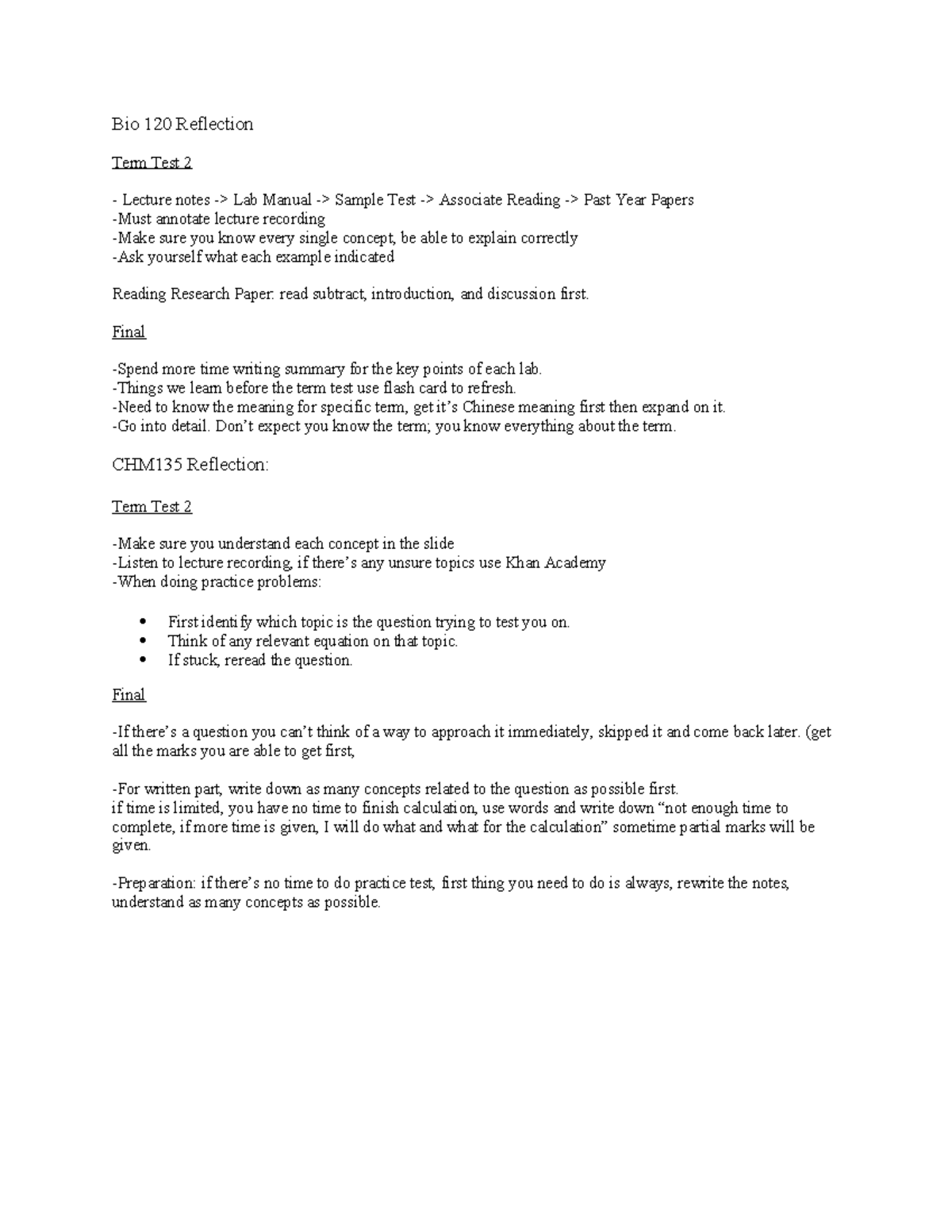 Exams Reflections - Summary Chemistry Physical Principles - Bio 120 ...
