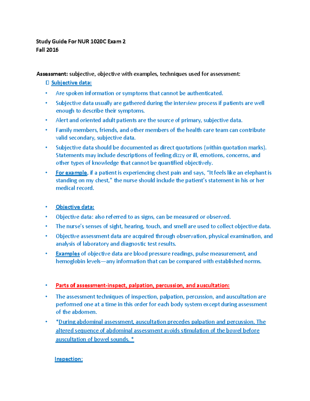 Exam 2 Study Guide - Study Guide For NUR 1020C Exam 2 Fall 2016 ...