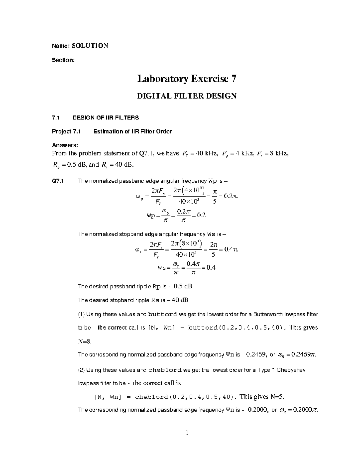 Hw09sol - Hw01sol - Answer sheet - Name: SOLUTION Section: Laboratory ...