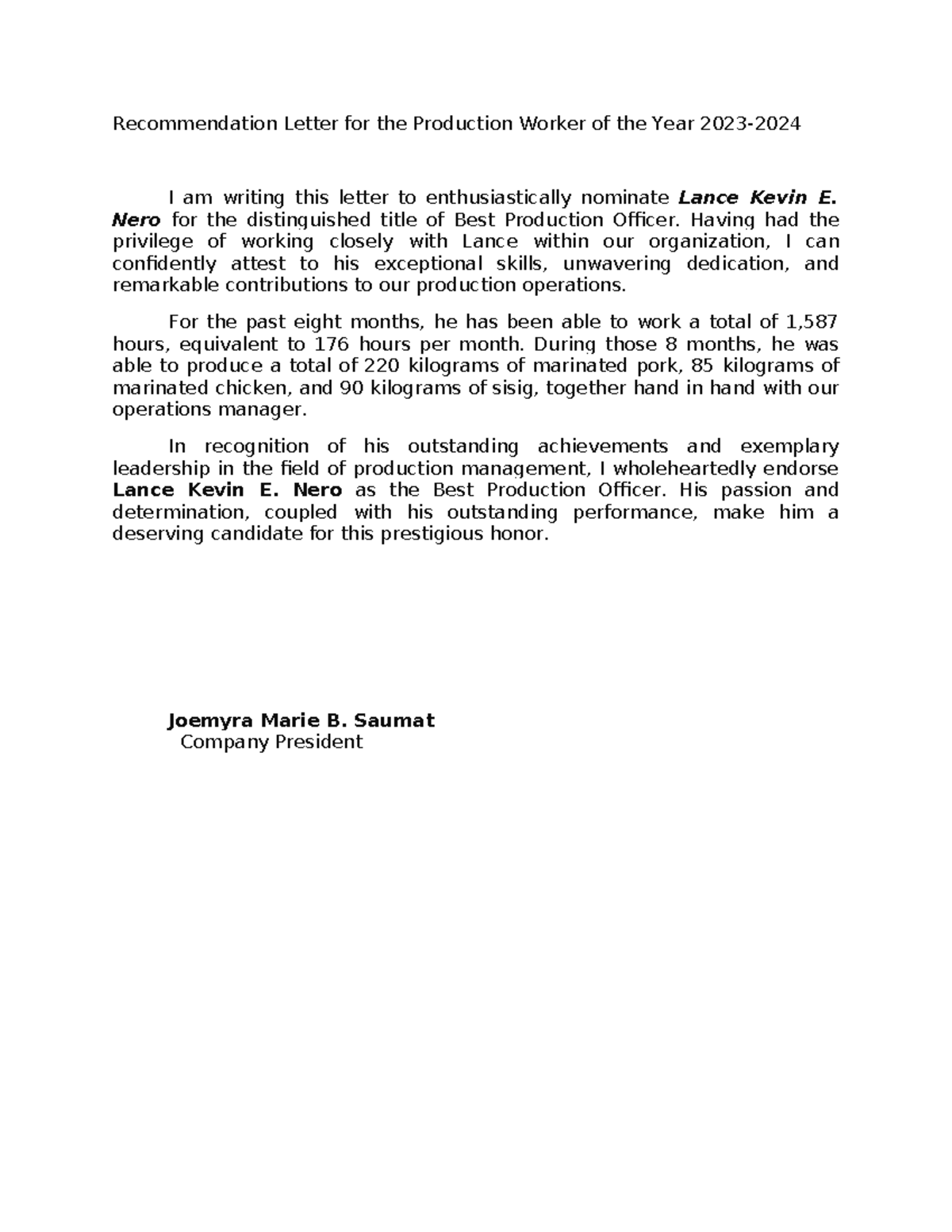Recommendation Letter 2023 2024 - Recommendation Letter for the ...