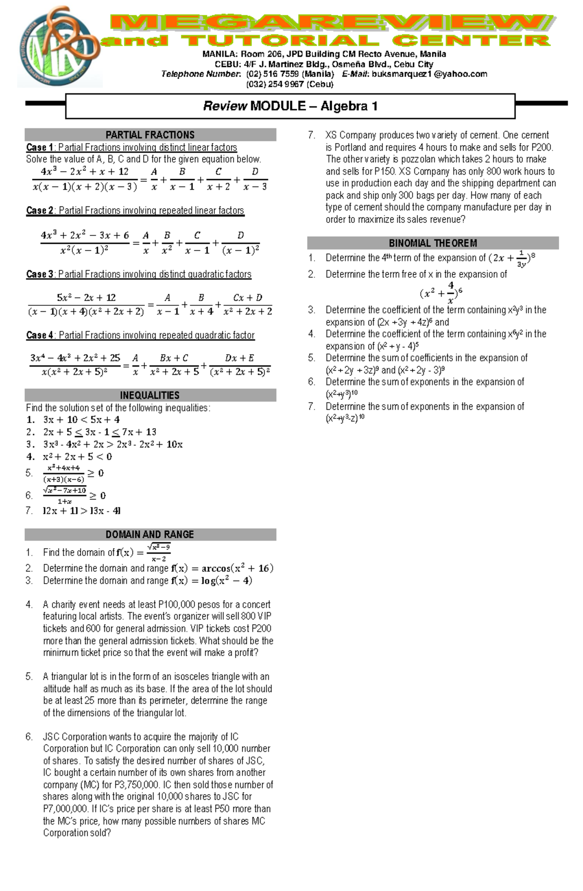 Review Module 1 Algebra 1 Part 2 - MANILA: Room 206, JPD Building CM ...