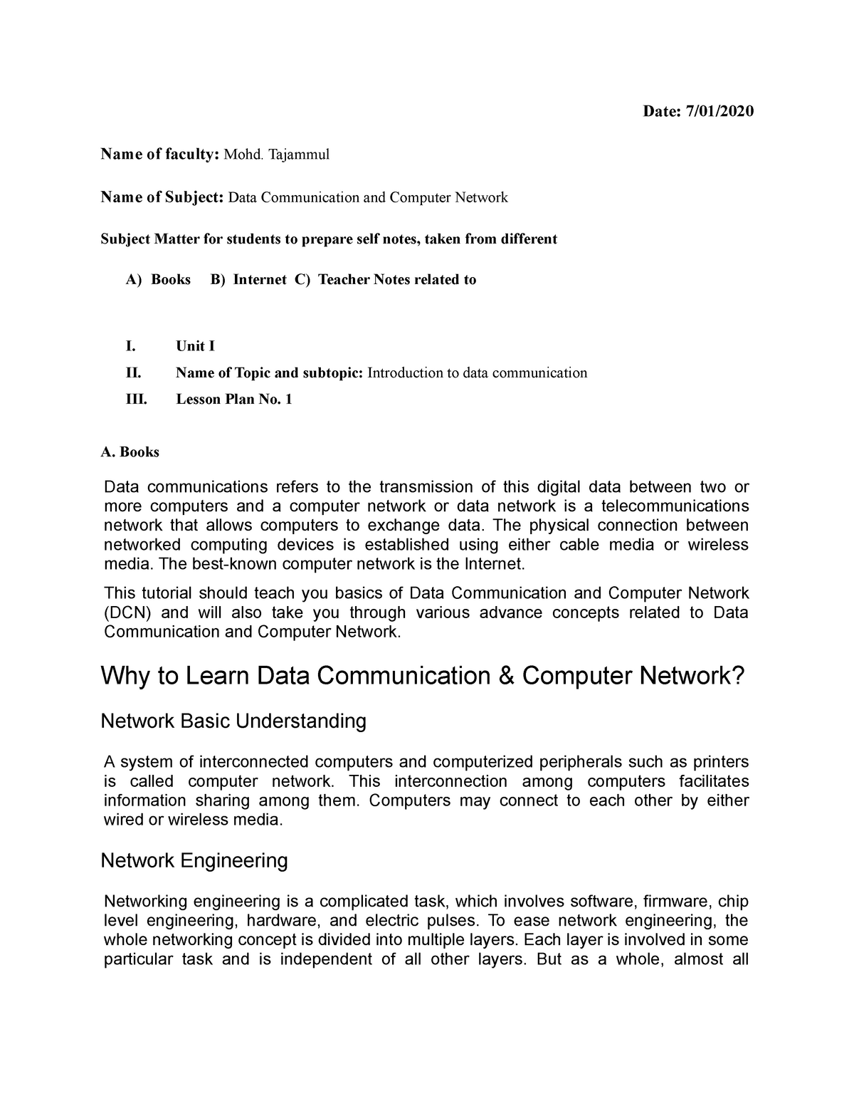 DCN Lesson Plans - Data Communication & Network - Data Communication ...