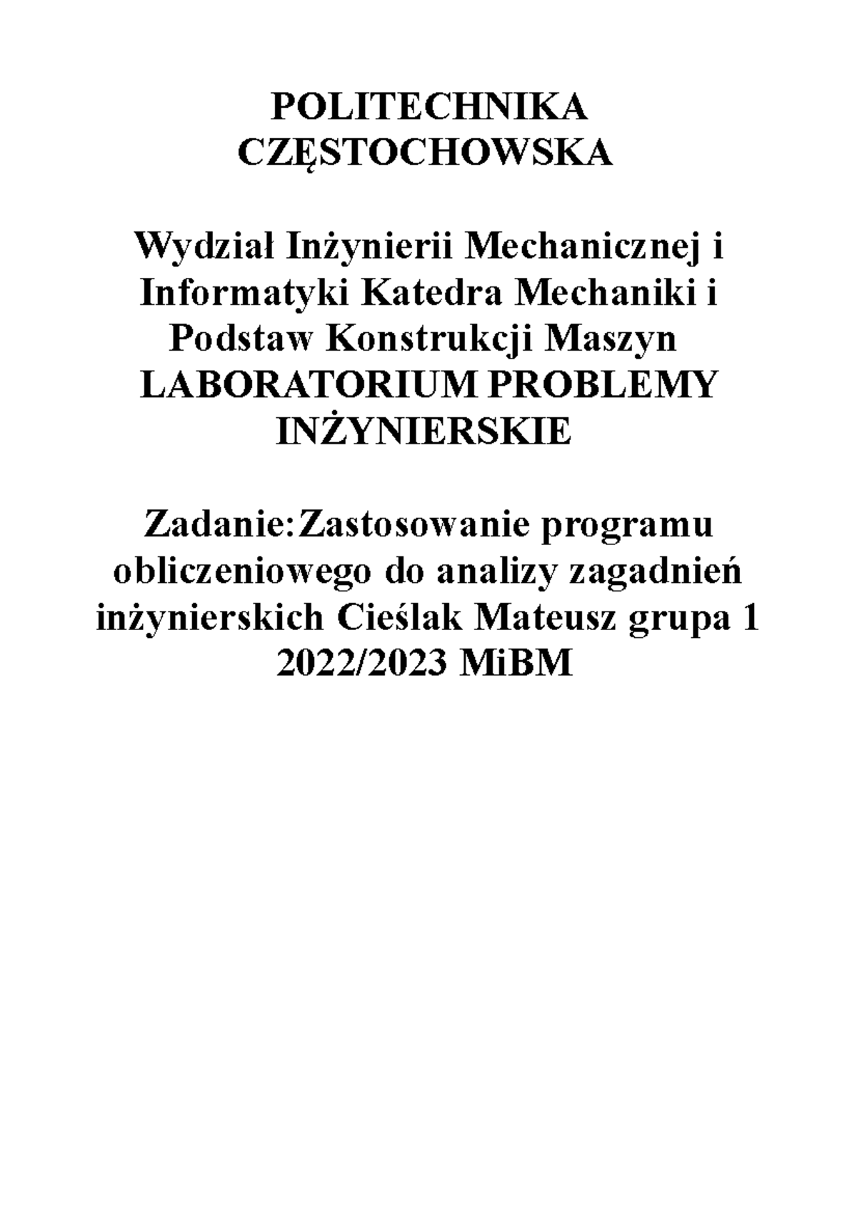 Problemy Inzynierskie - POLITECHNIKA CZĘSTOCHOWSKA Wydział Inżynierii ...