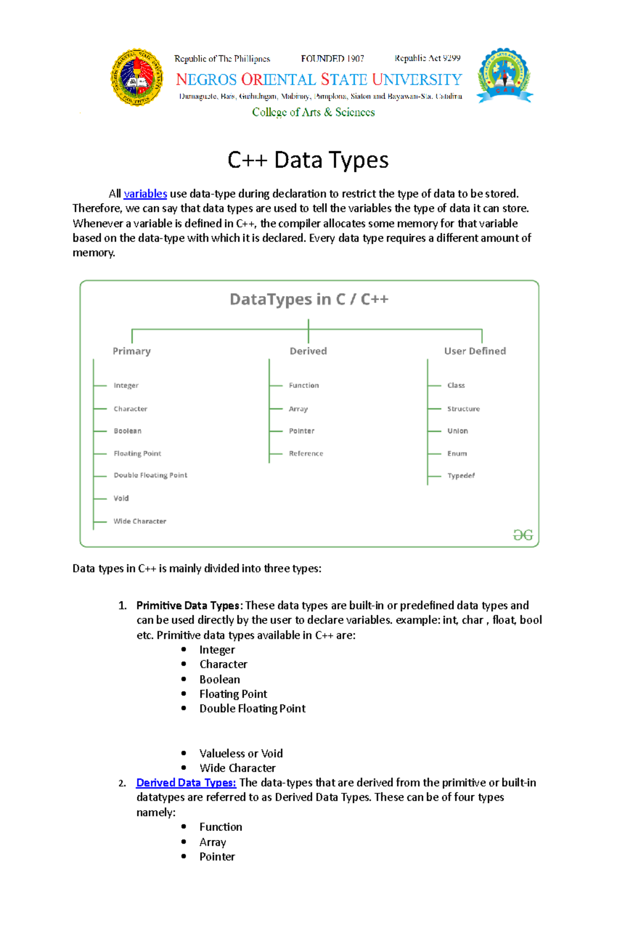 H-o 1 just lecture notes not arranged - C++ Data Types All variables ...