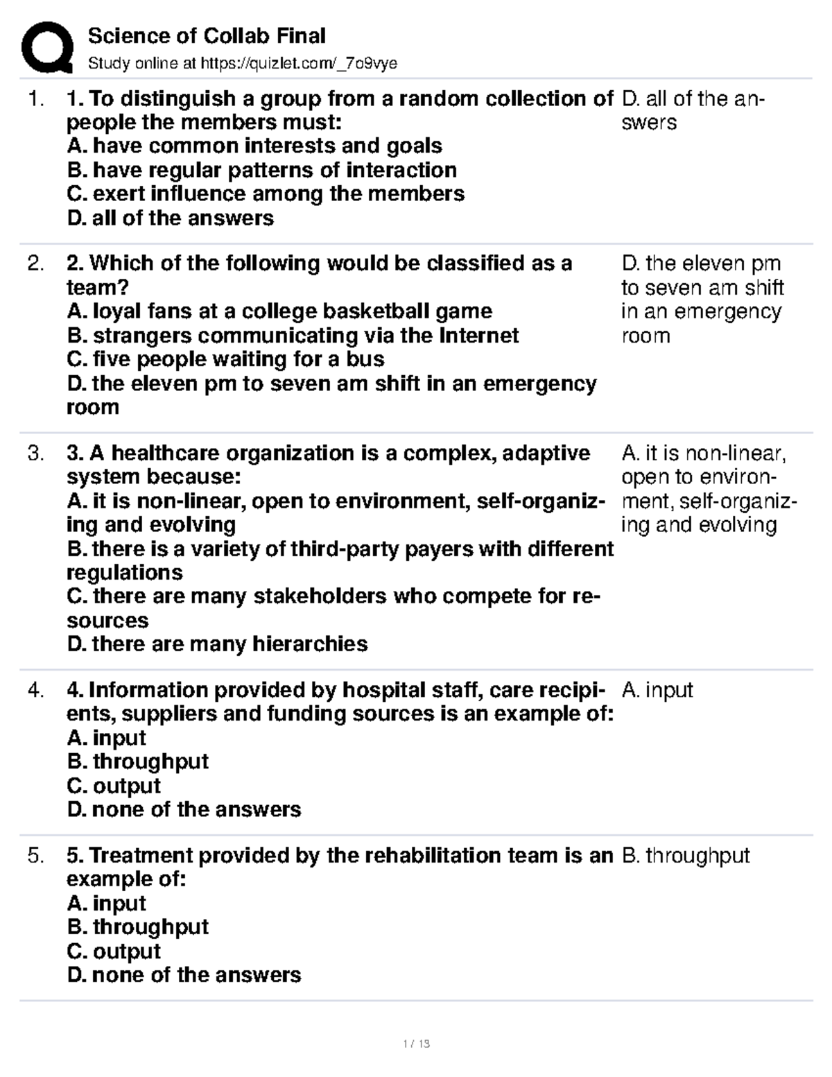 Interprofessional Team-Based Health Care Chapter 1 Quizlet Resource ...