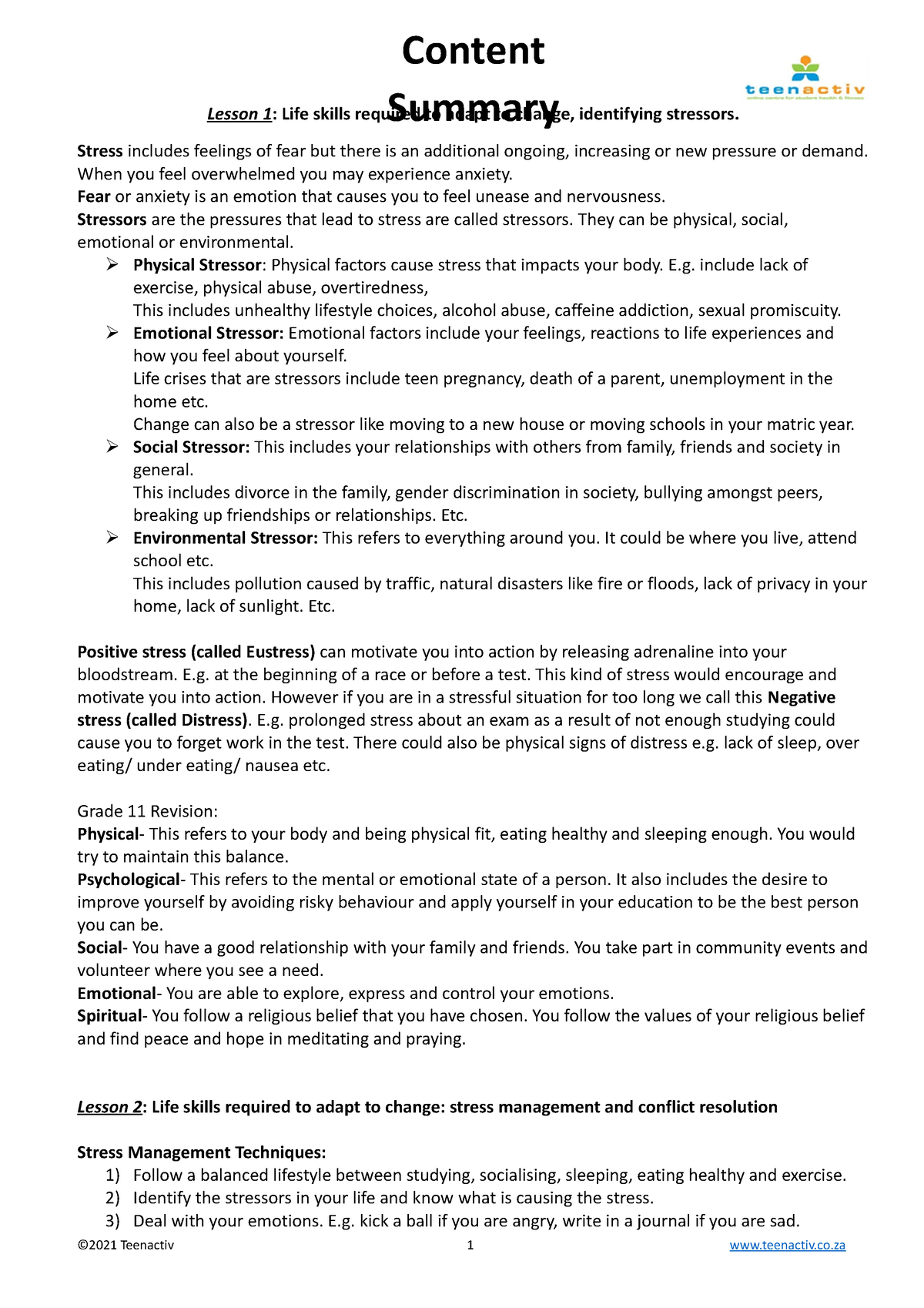 Life Orientation Content Summary Grade 12 Term 1 - Lesson 1: Life ...