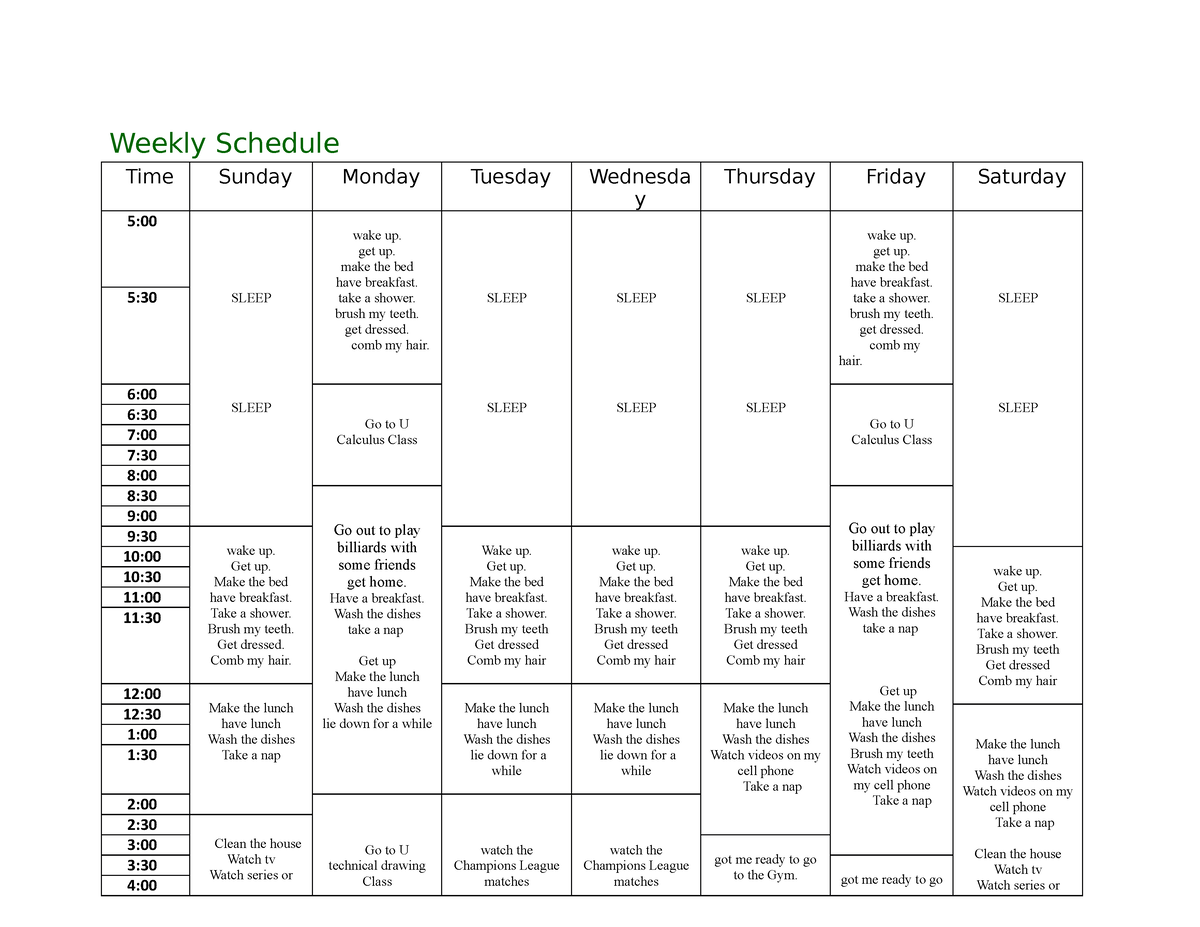 Daily routine cristian - Weekly Schedule Time Sunday Monday Tuesday ...