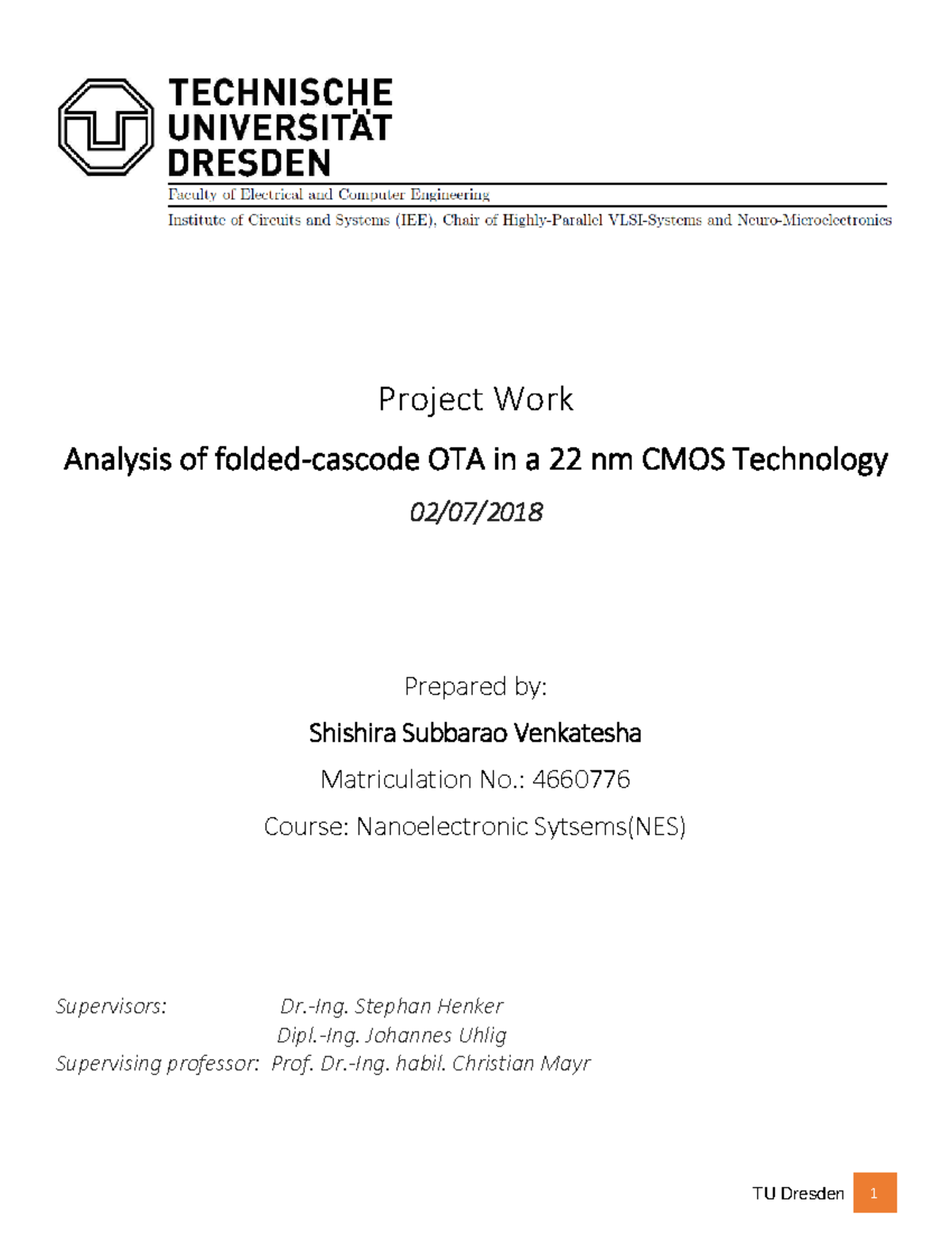 Folded cascode OTA design - Project Work Analysis of OTA in a 22 nm ...