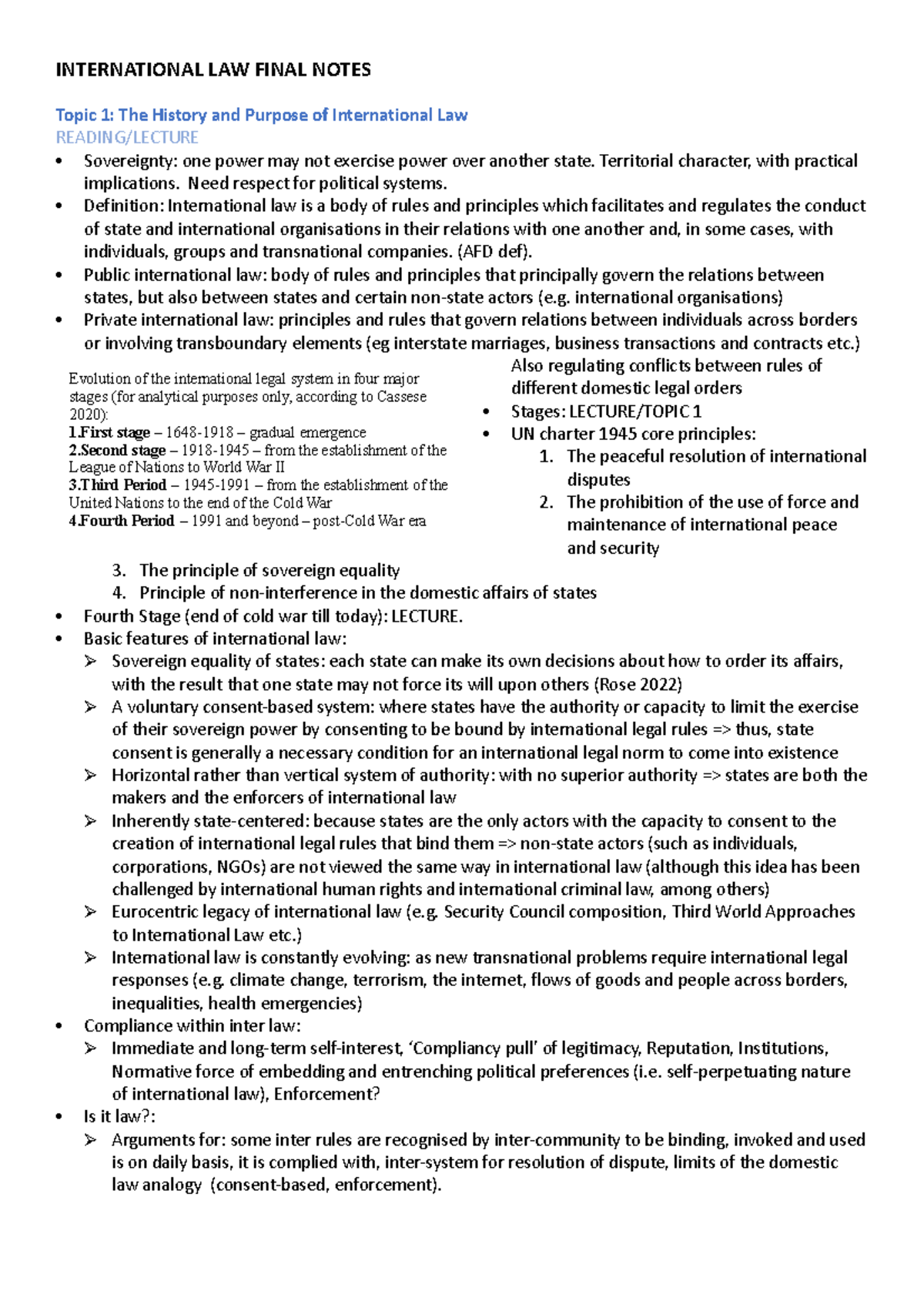 International LAW Final Notes - INTERNATIONAL LAW FINAL NOTES Topic 1 ...