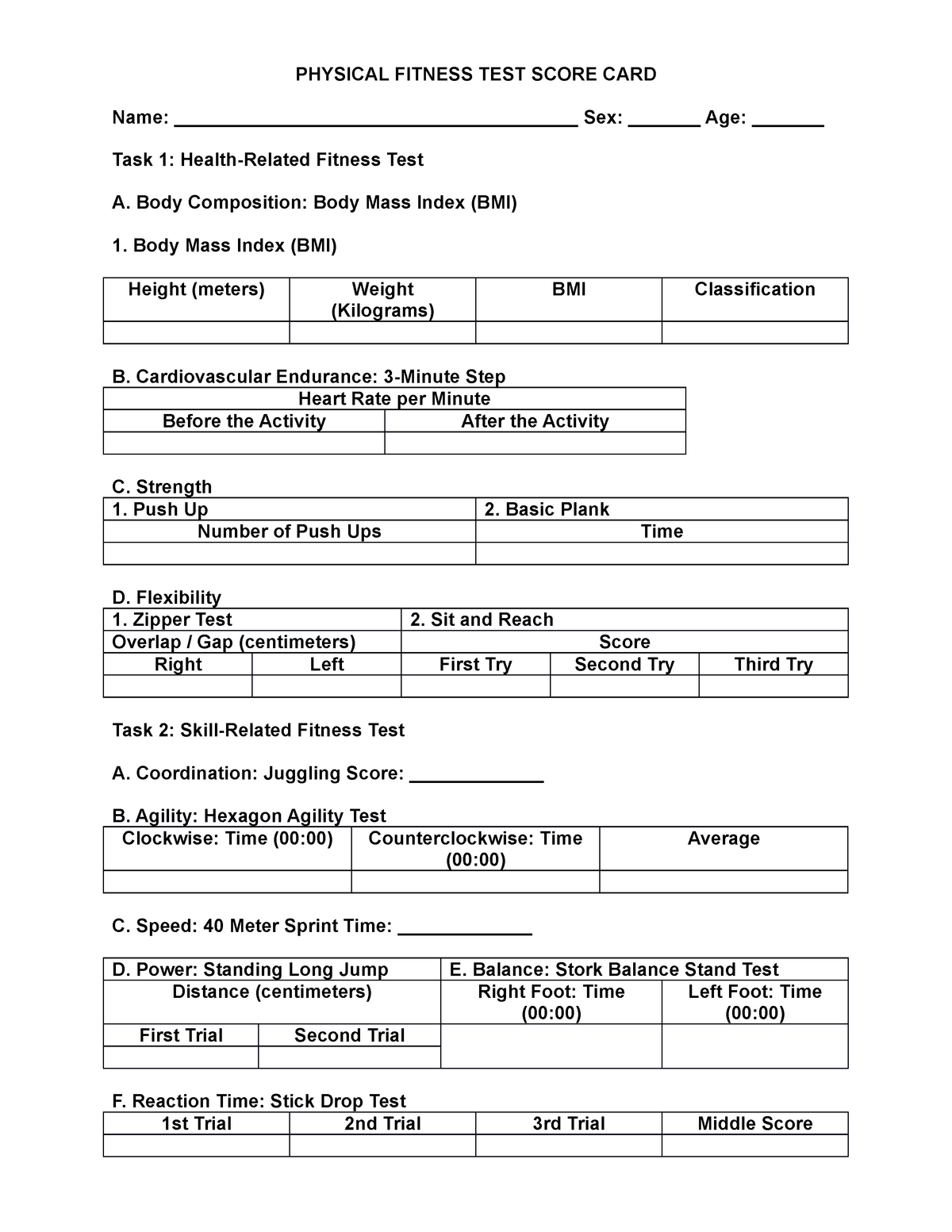 Physical Fitness TEST Score CARD PHYSICAL FITNESS TEST SCORE CARD 