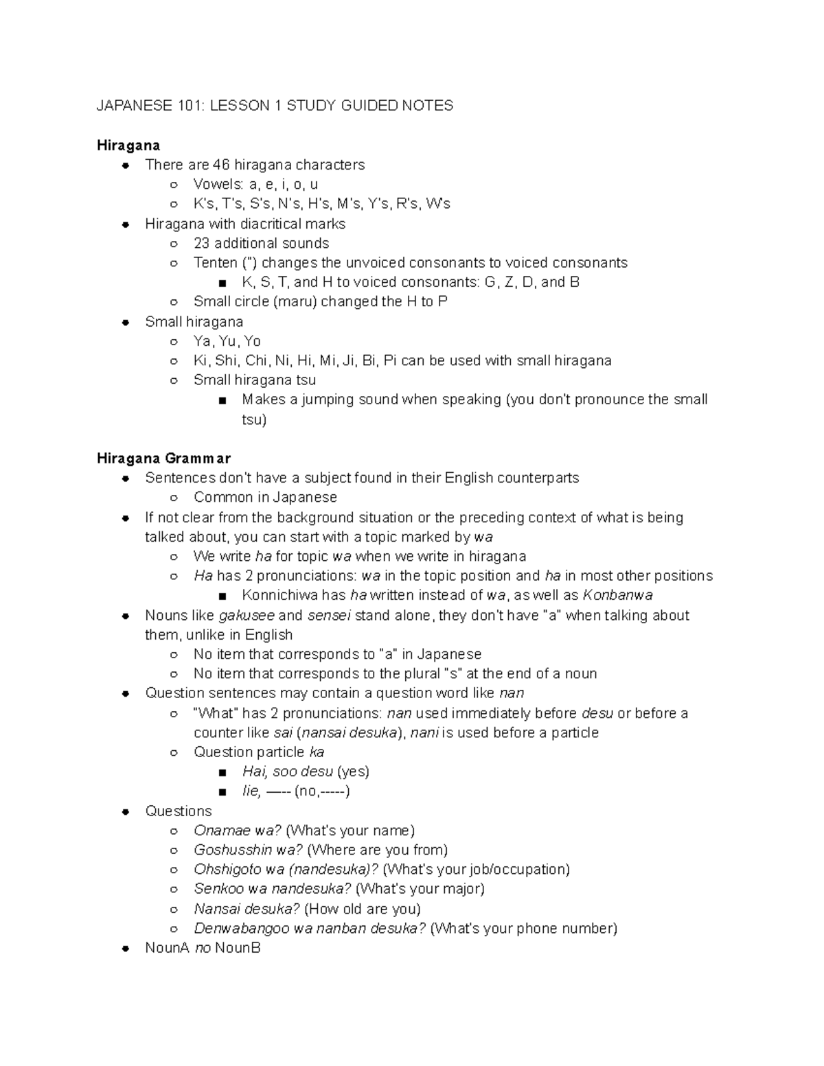 Japanese Study Guide JAPANESE 101 LESSON 1 STUDY GUIDED NOTES