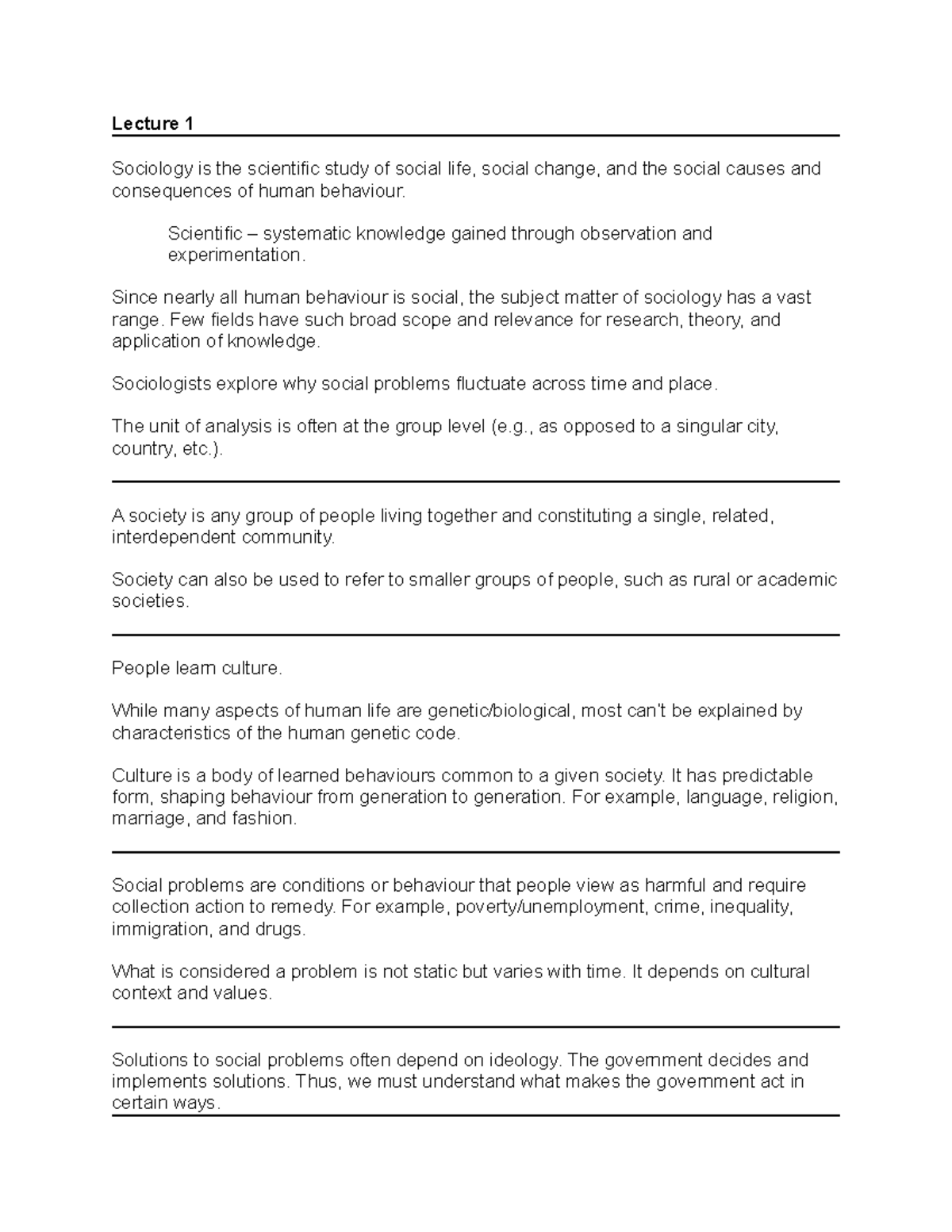 SOCI 250 Notes - Up to midterm - Lecture 1 Sociology is the scientific ...