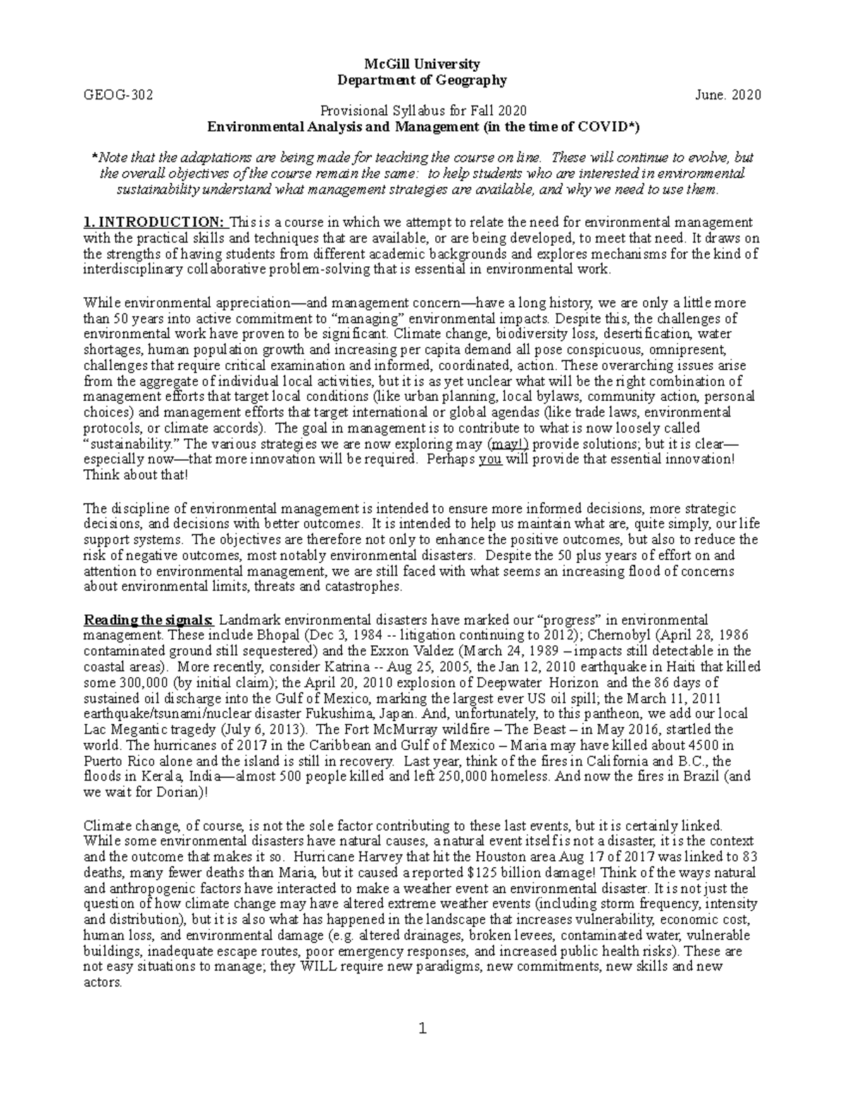 Geog302outline 202009 McGill University Department of Geography GEOG