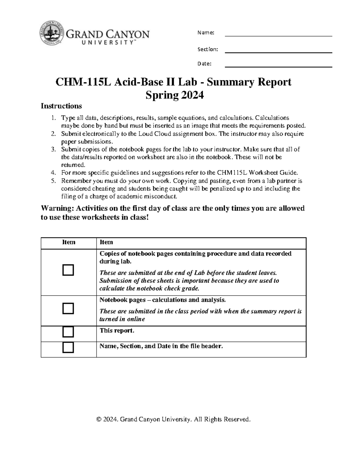 CHM 115L RS Exp7 Acids Bases II Sp24 - Section: Date: CHM-115L Acid ...