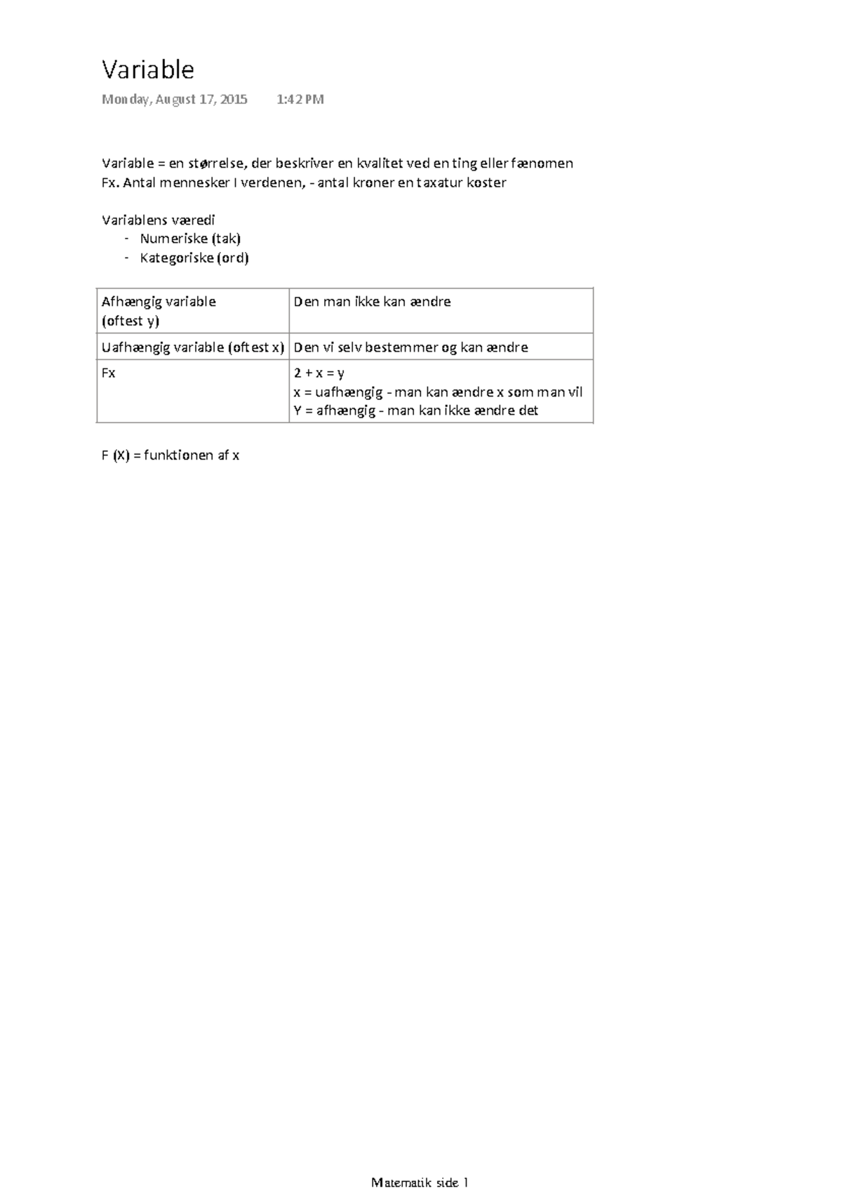 Matematik B - Noter - Variable = En Størrelse, Der Beskriver En ...