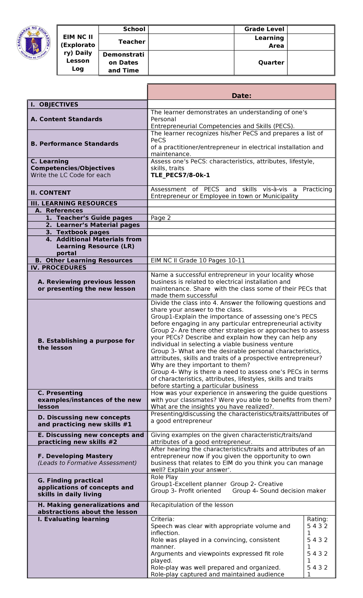 DLL In EIM - Dll - EIM NC II (Explorato Ry) Daily Lesson Log School ...