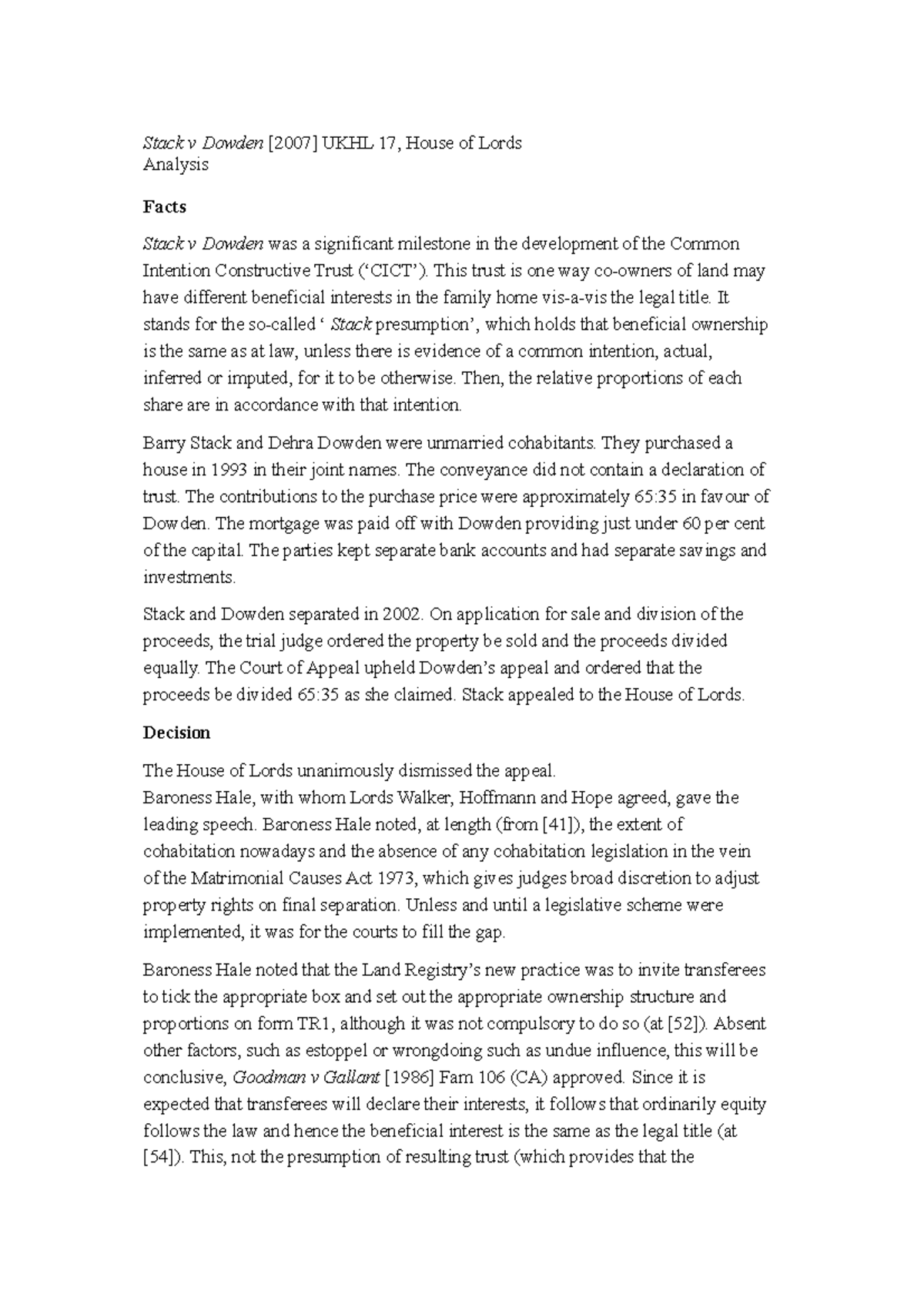 Stack v Dowden[ 2007 ] UKHL 17 - Stack v Dowden [2007] UKHL 17, House ...