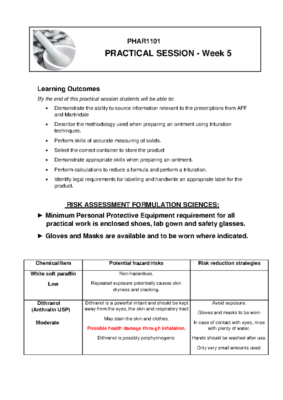 Practical Week 5 - PHAR PRACTICAL SESSION - Week 5 Learning Outcomes By ...