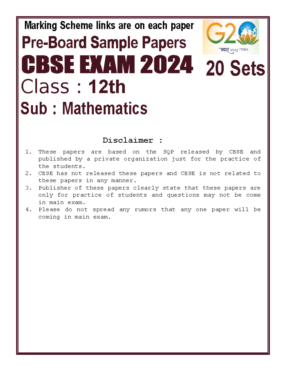 Maths-SQP - hhh - Marking Scheme links are on each paper Class : 12th ...