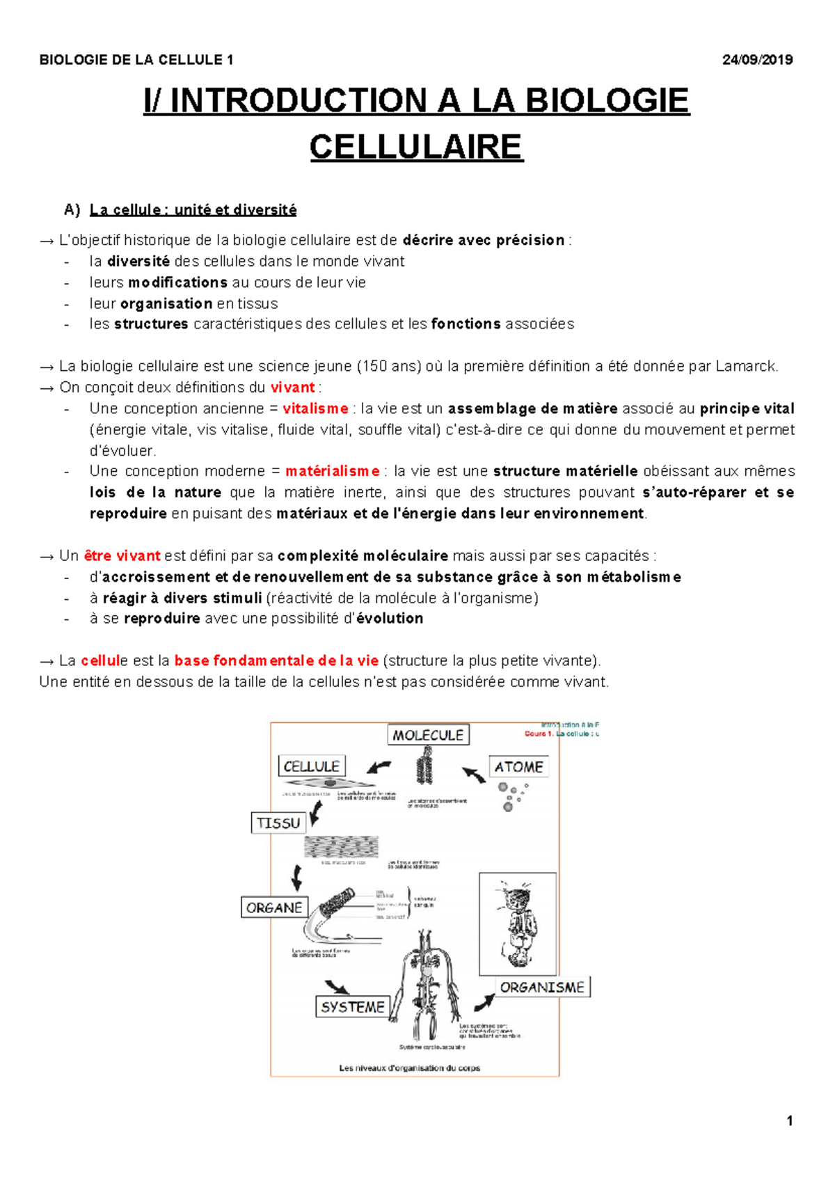 Introduction à La Biologie Cellulaire L1 SDV - S1 - I/ INTRODUCTION A ...