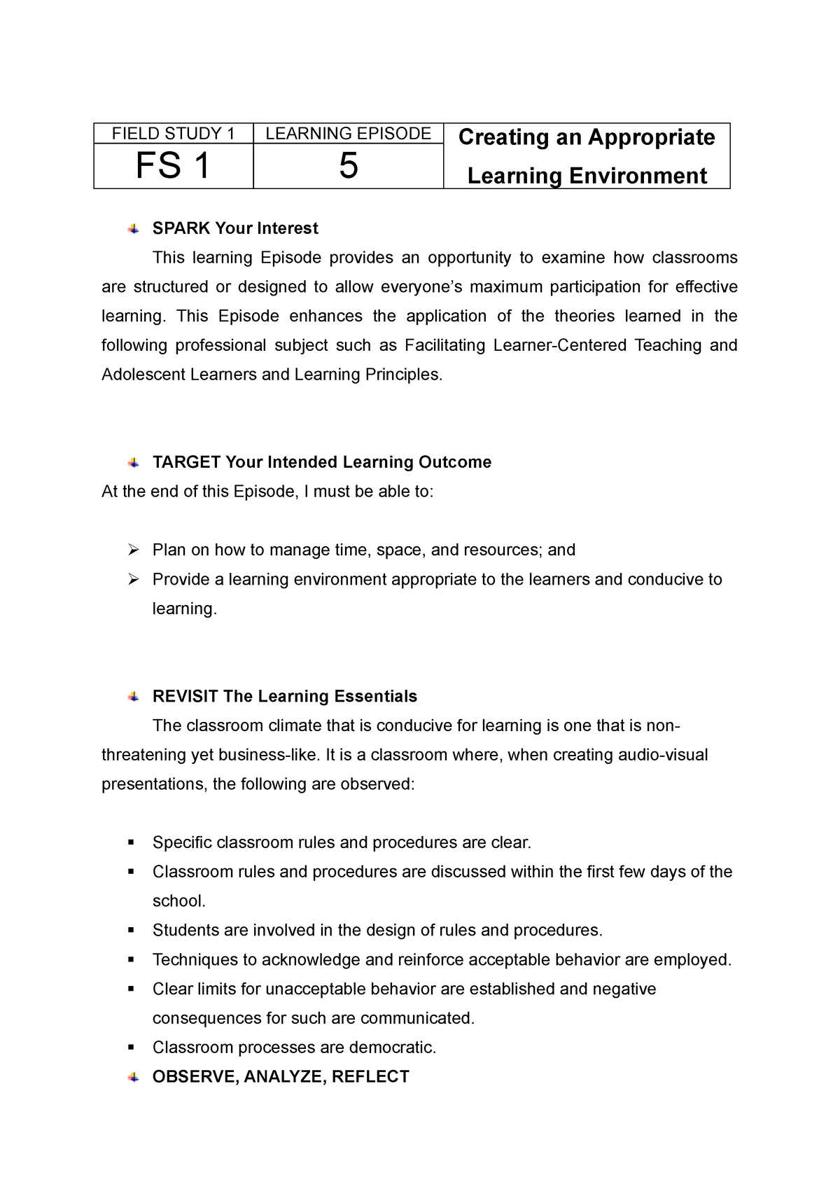 Field Study 1 Episode 5 - N/A - FIELD STUDY 1 LEARNING EPISODE Creating ...