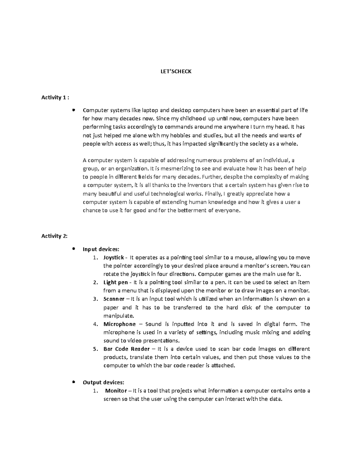 EDP - Edp 101/L - LET’SCHECK Activity 1 : Computer systems like laptop ...