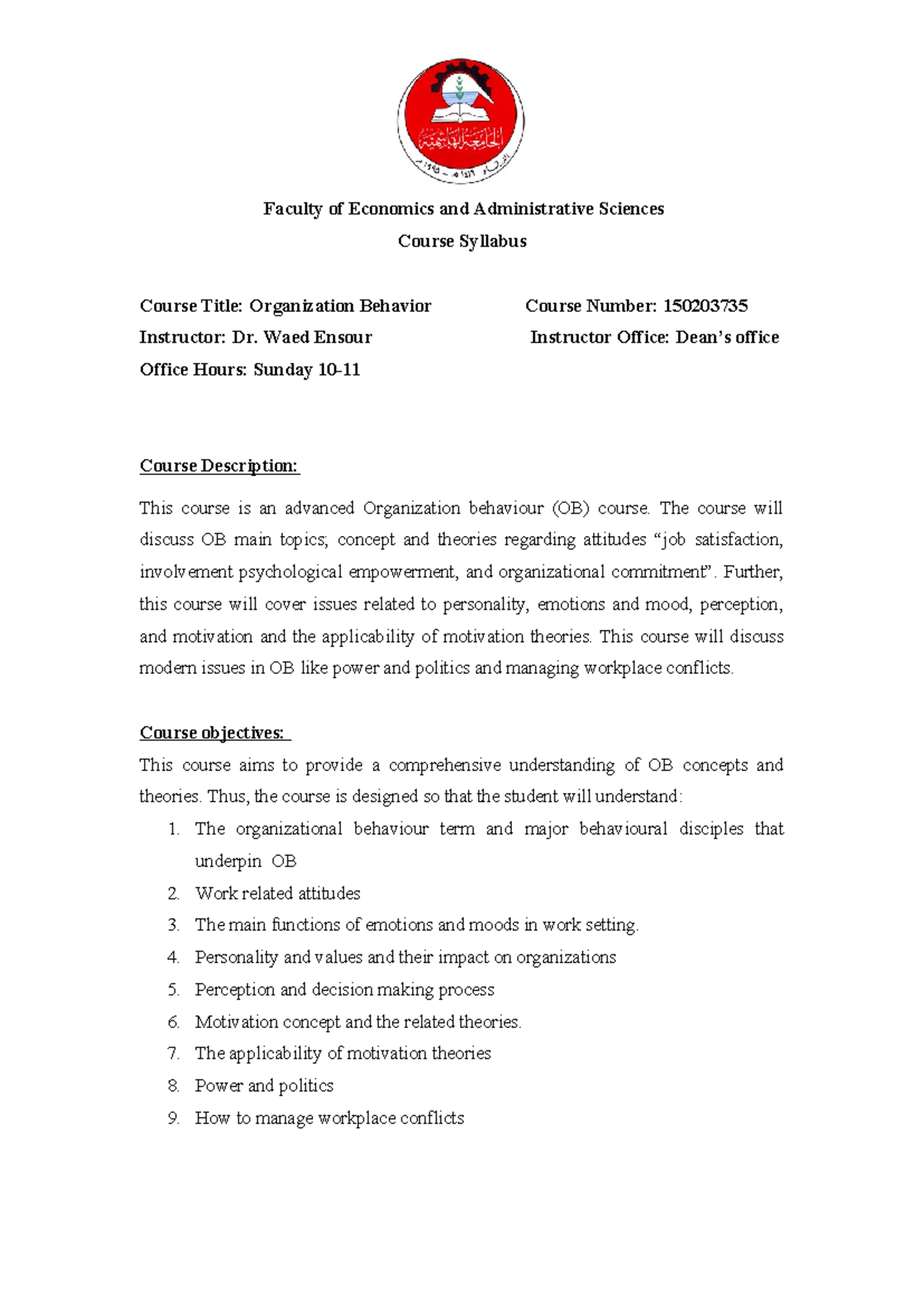 OB Master sy - OB course syllabus - Faculty of Economics and ...