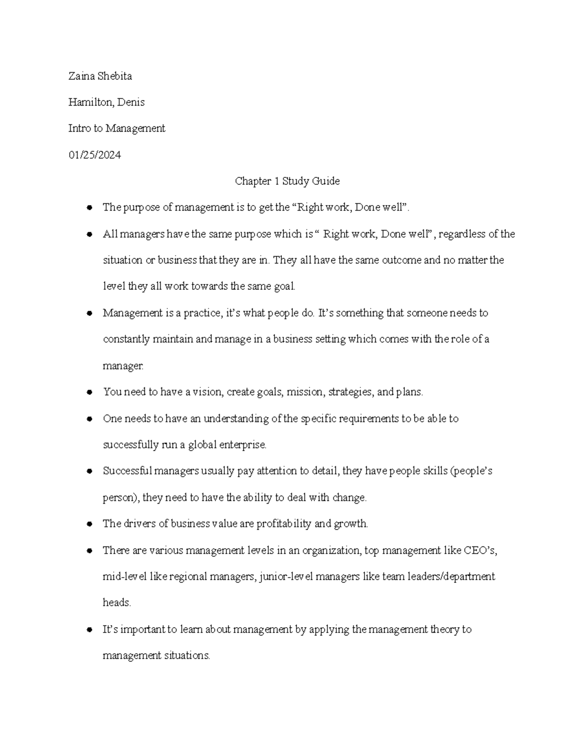 Study Guide Chapter 1 Intro to Management - Zaina Shebita Hamilton ...