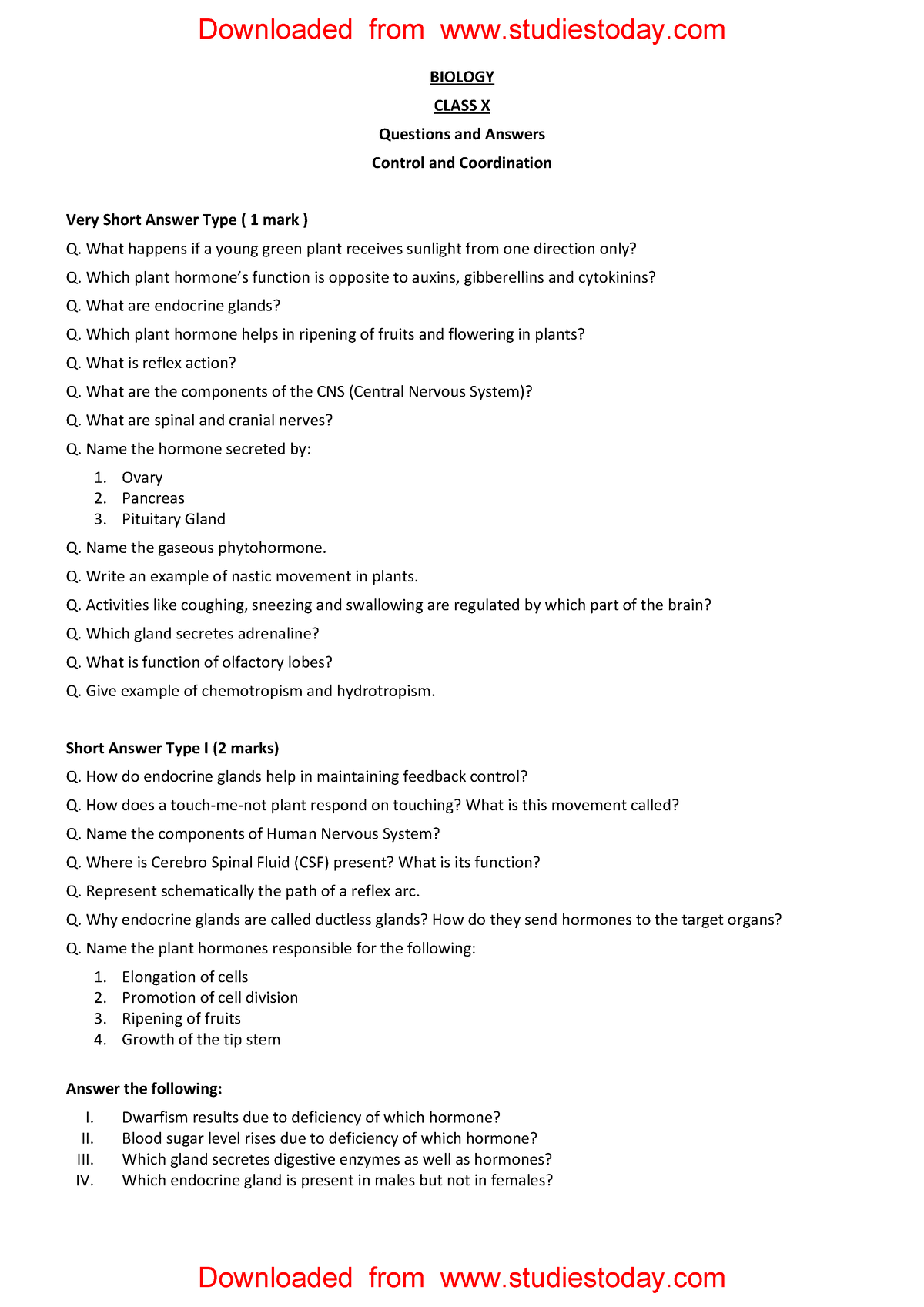 case study questions class 10 biology control and coordination