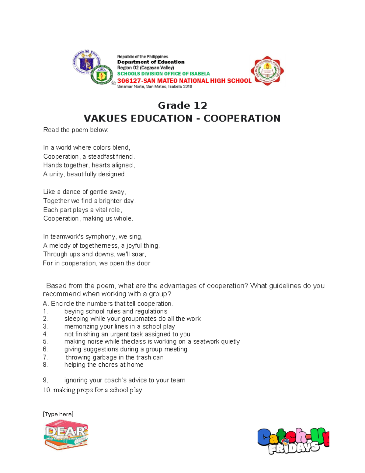 Homeroom Guidance - Grade 12 VAKUES EDUCATION - COOPERATION Read the ...