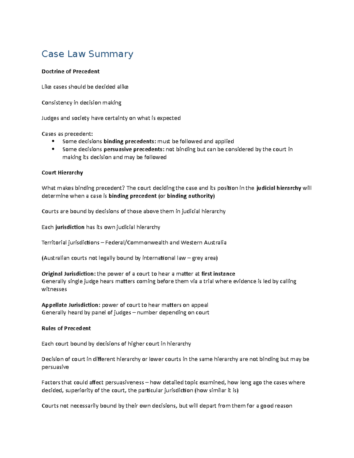 Case Law - case law - Case Law Summary Doctrine of Precedent Like cases ...