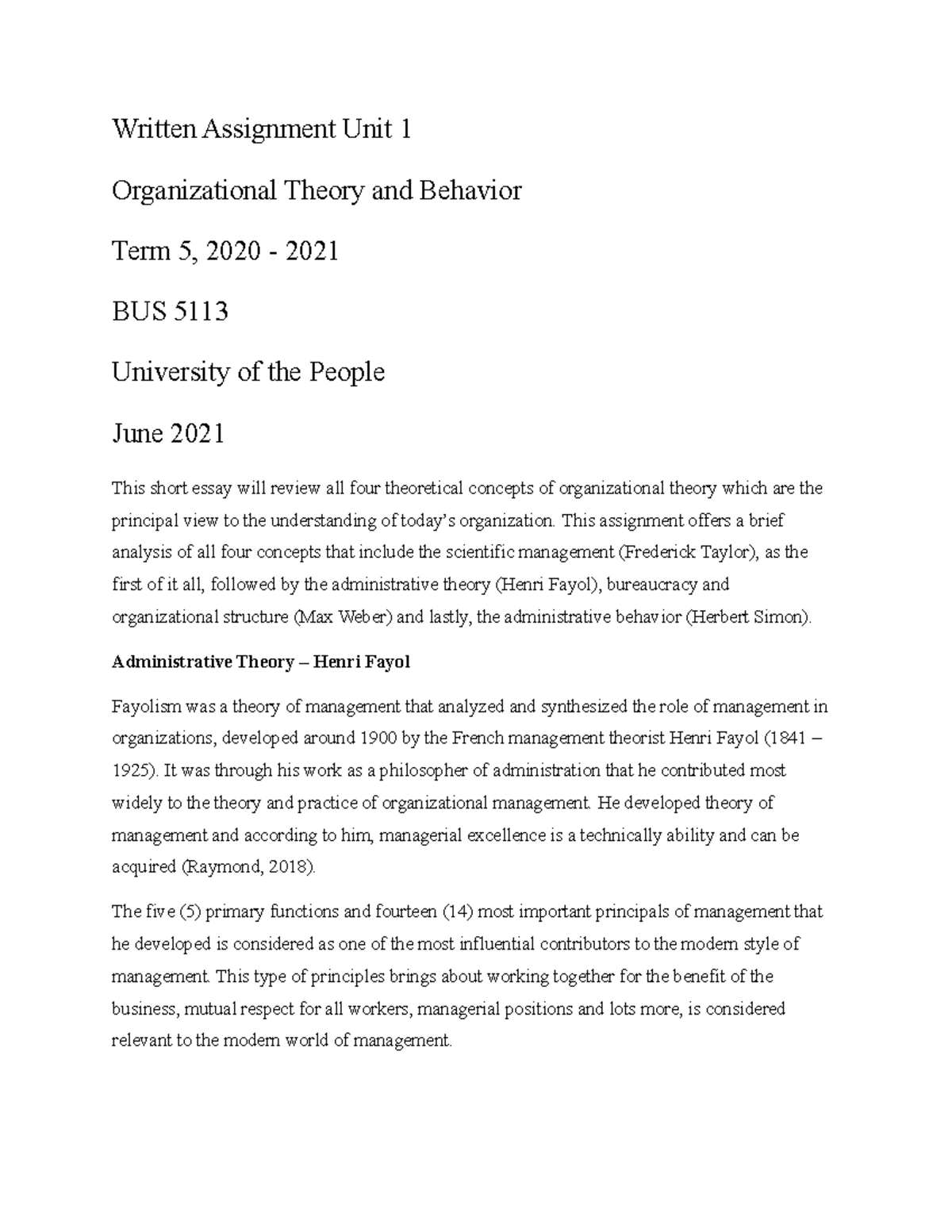 Written Assignment Unit 1 - This assignment offers a brief analysis of ...