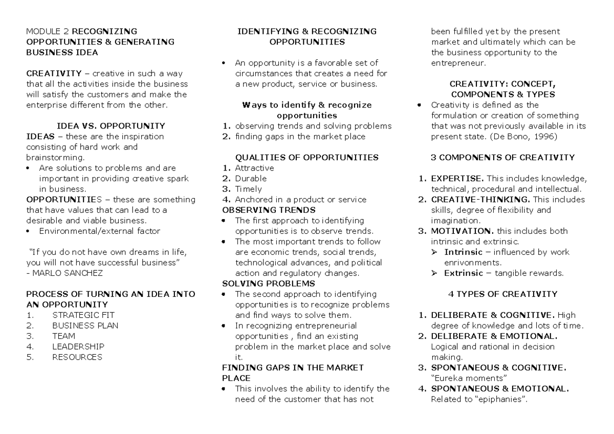 Module 2 - ENTREPRENEURIAL MIND - MODULE 2 RECOGNIZING OPPORTUNITIES ...