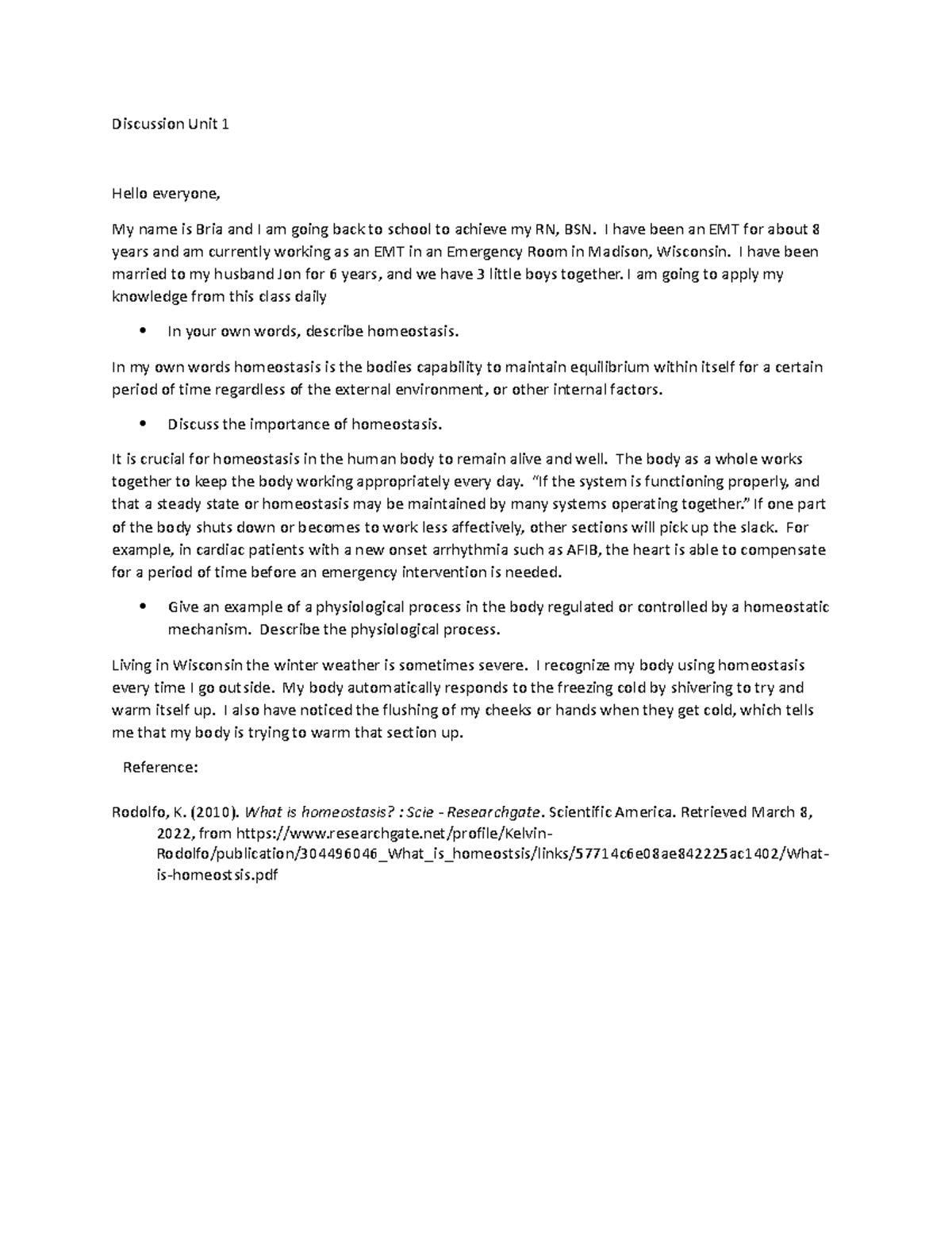 Discussion unit 1 - Discussion Unit 1 Hello everyone, My name is Bria ...