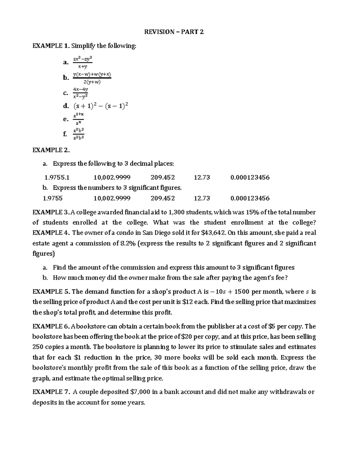 Revision Quantiative Method - REVISION – PART 2 EXAMPLE 1. Simplify the ...