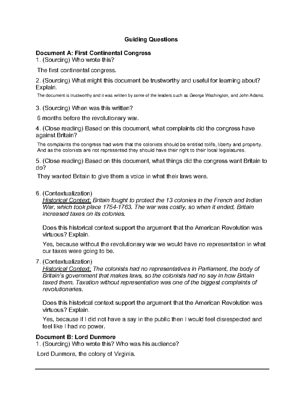 American Revolution Guiding Questions Guiding Questions Document A