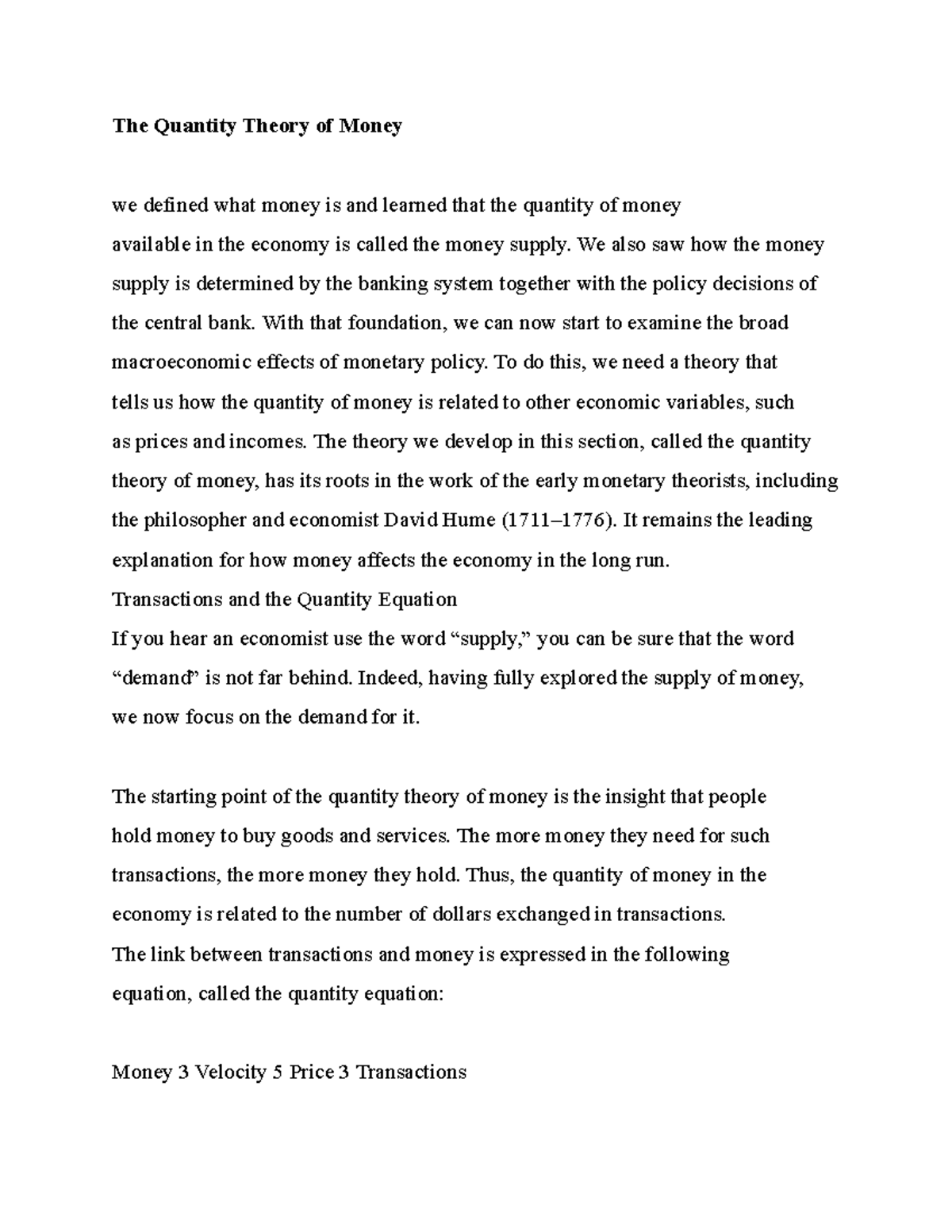 The Quantity Theory Of Money We Also Saw How The Money Supply Is
