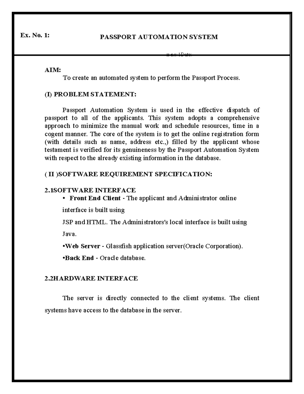 Experiments for Software Engineering Laboratory - Ex. No. 1: x no:1Date ...