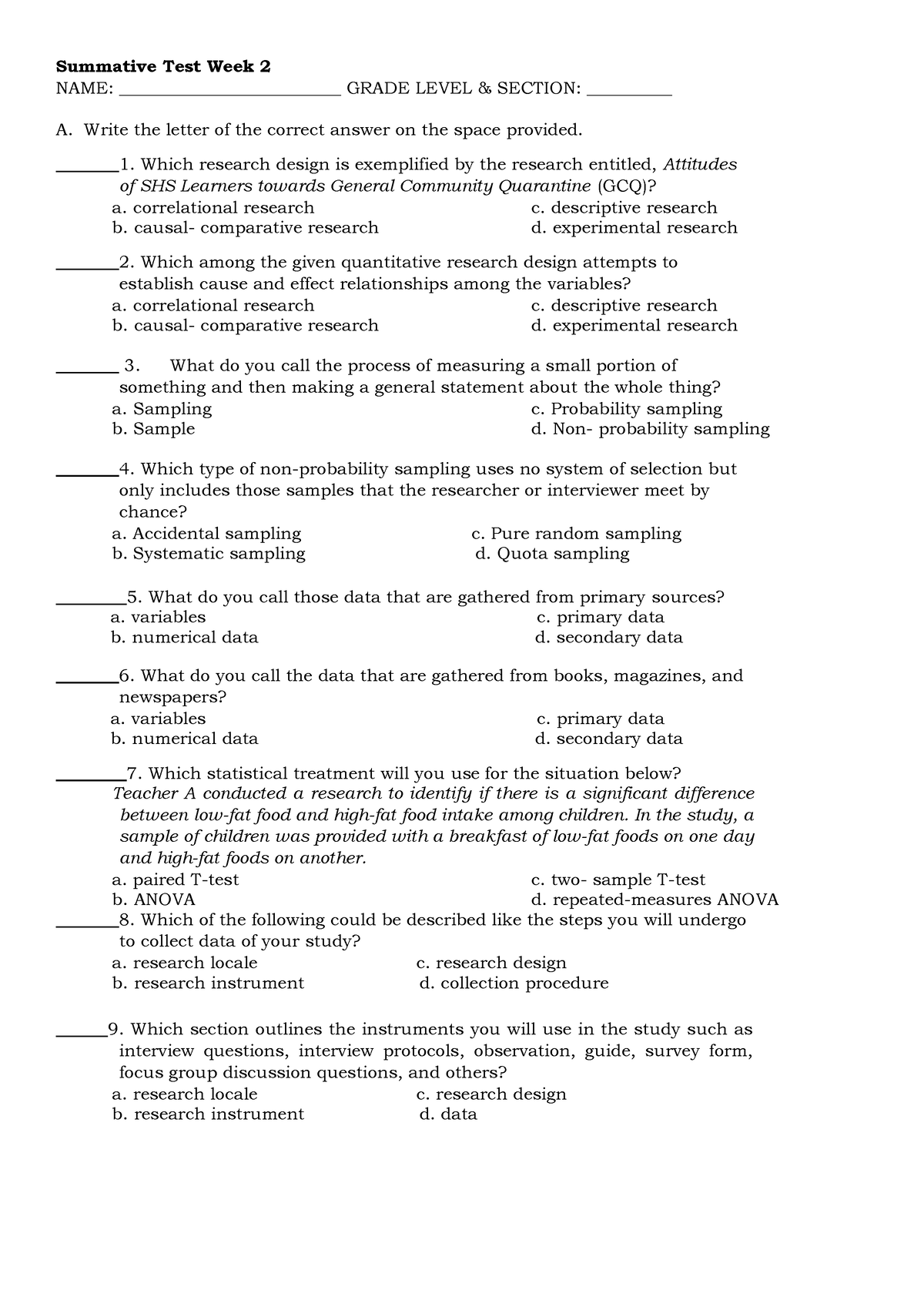 Summative Test Week 2 Practical Research 2 Quarter 2 - Summative Test ...