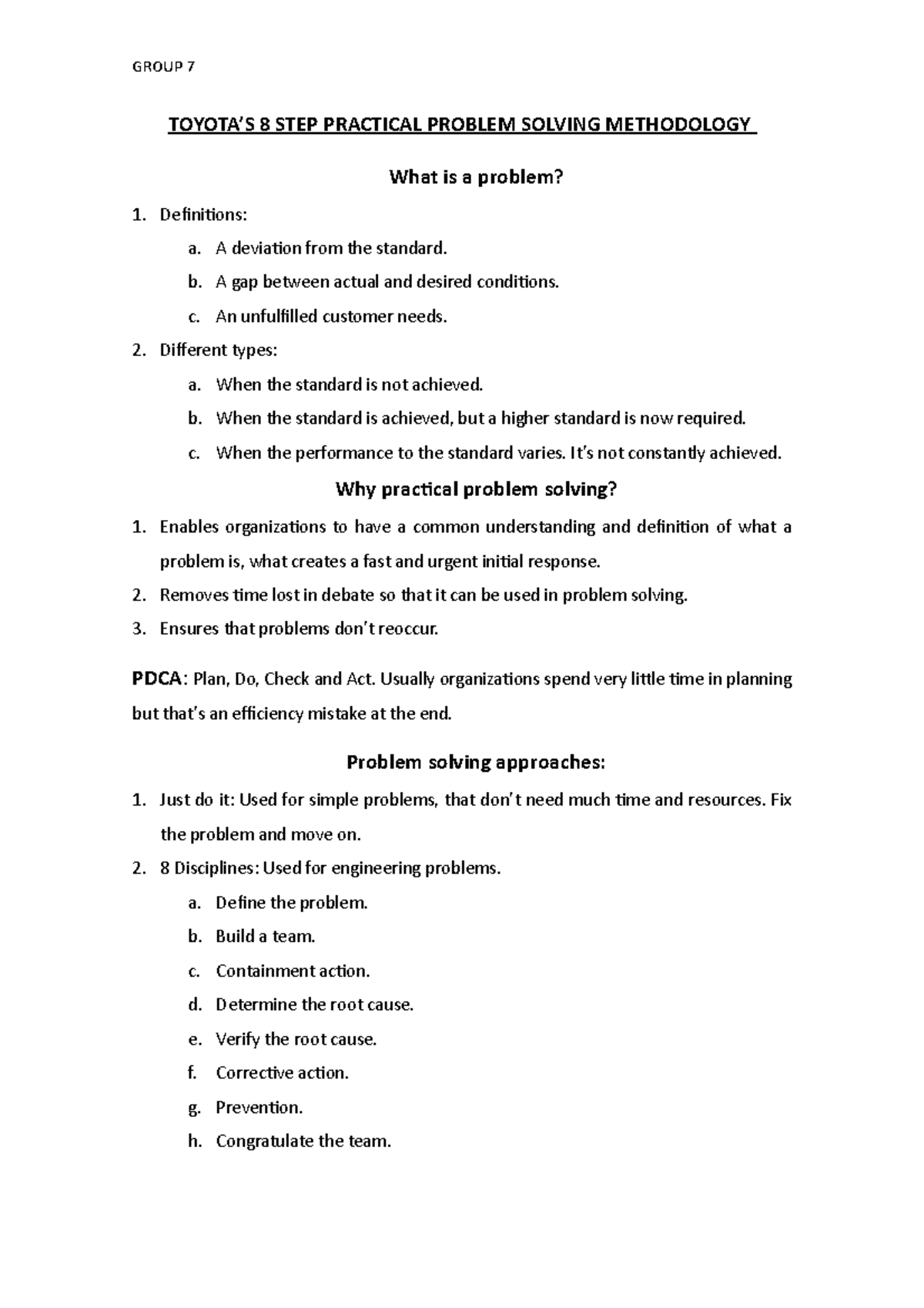 Toyota - Apuntes Chapter 9 - GROUP 7 TOYOTA’S 8 STEP PRACTICAL PROBLEM ...