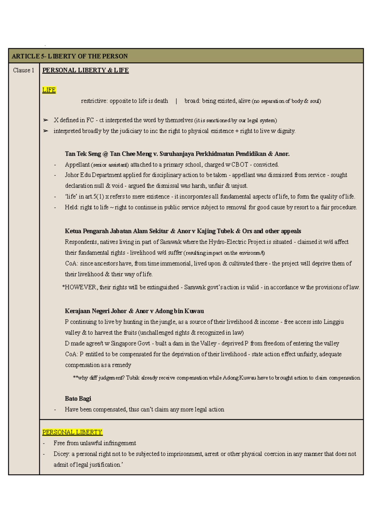 Article 5 Notes - 9 ARTICLE 5- LIBERTY OF THE PERSON Clause 1 PERSONAL ...