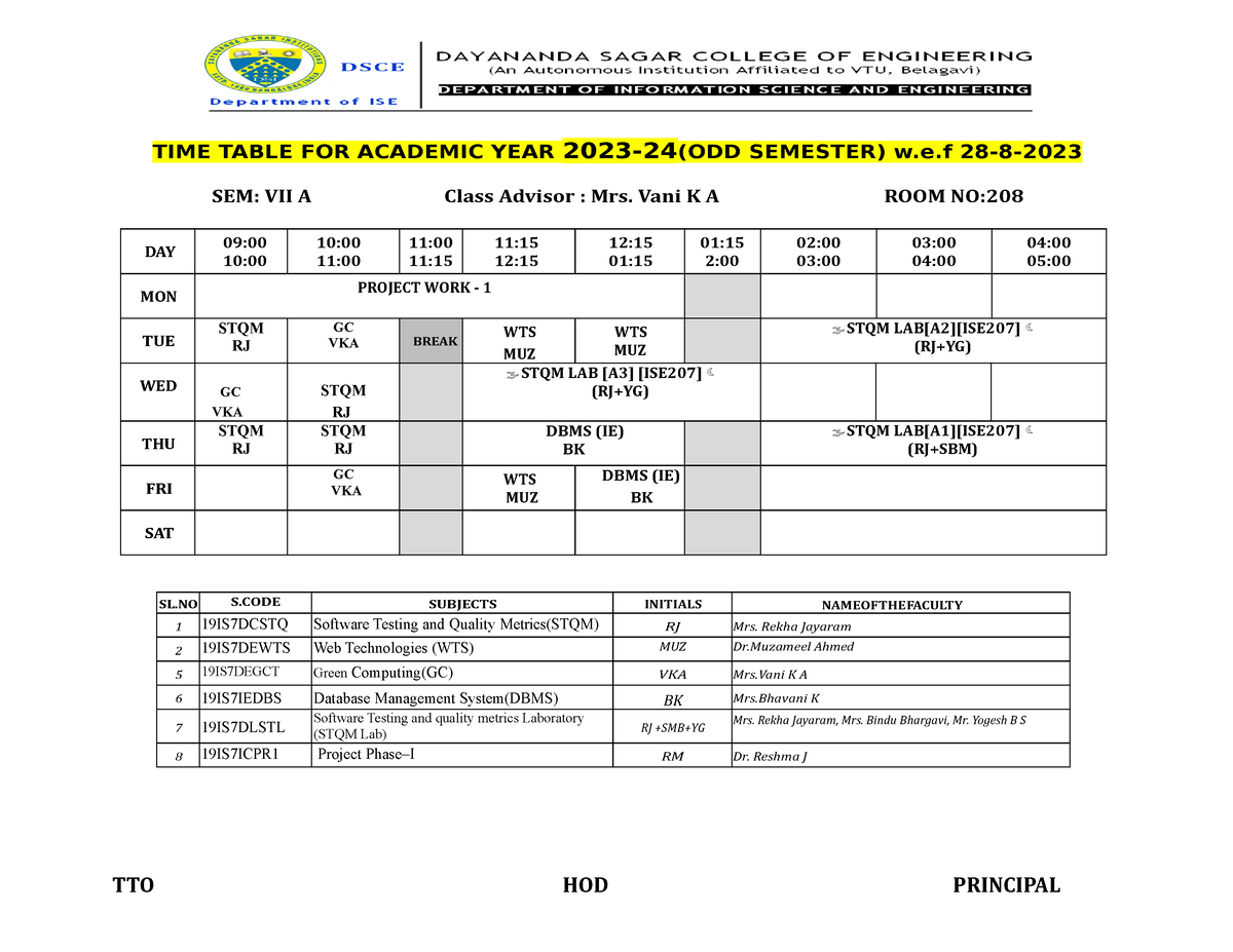 7th sem Time table 2023-24 - TIME TABLE FOR ACADEMIC YEAR 2023-24(ODD ...