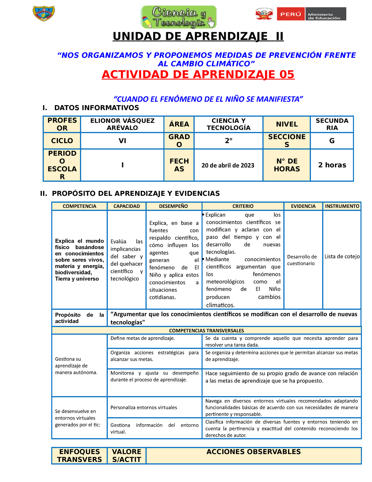 Sesion De Aprendisaje- Tercero De Secundaria - UNIDAD DE APRENDIZAJE II ...