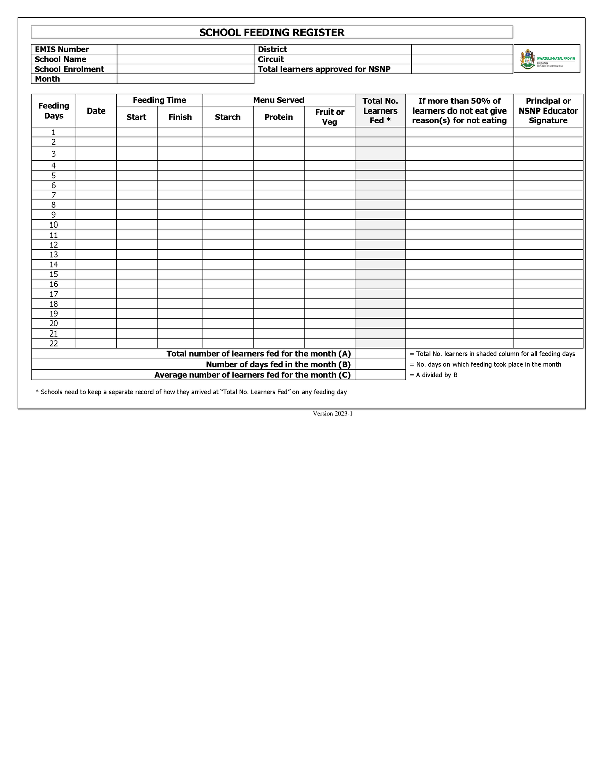 002 2 KZN School Feeding Register (Main) - Version 20 23 - 1 SCHOOL ...