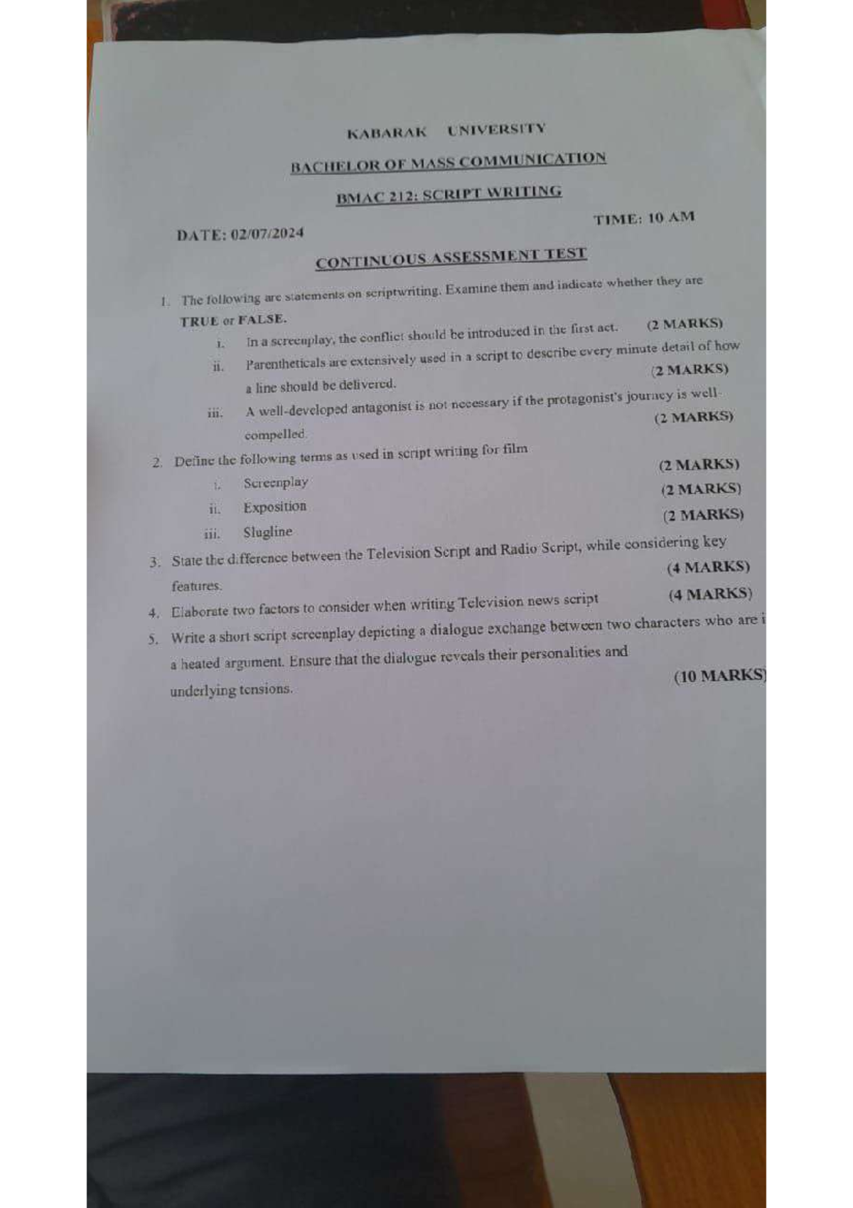 Mass Communication Cat 1 - KABARAK UNIVERSITY BACHELOR OF MASS ...