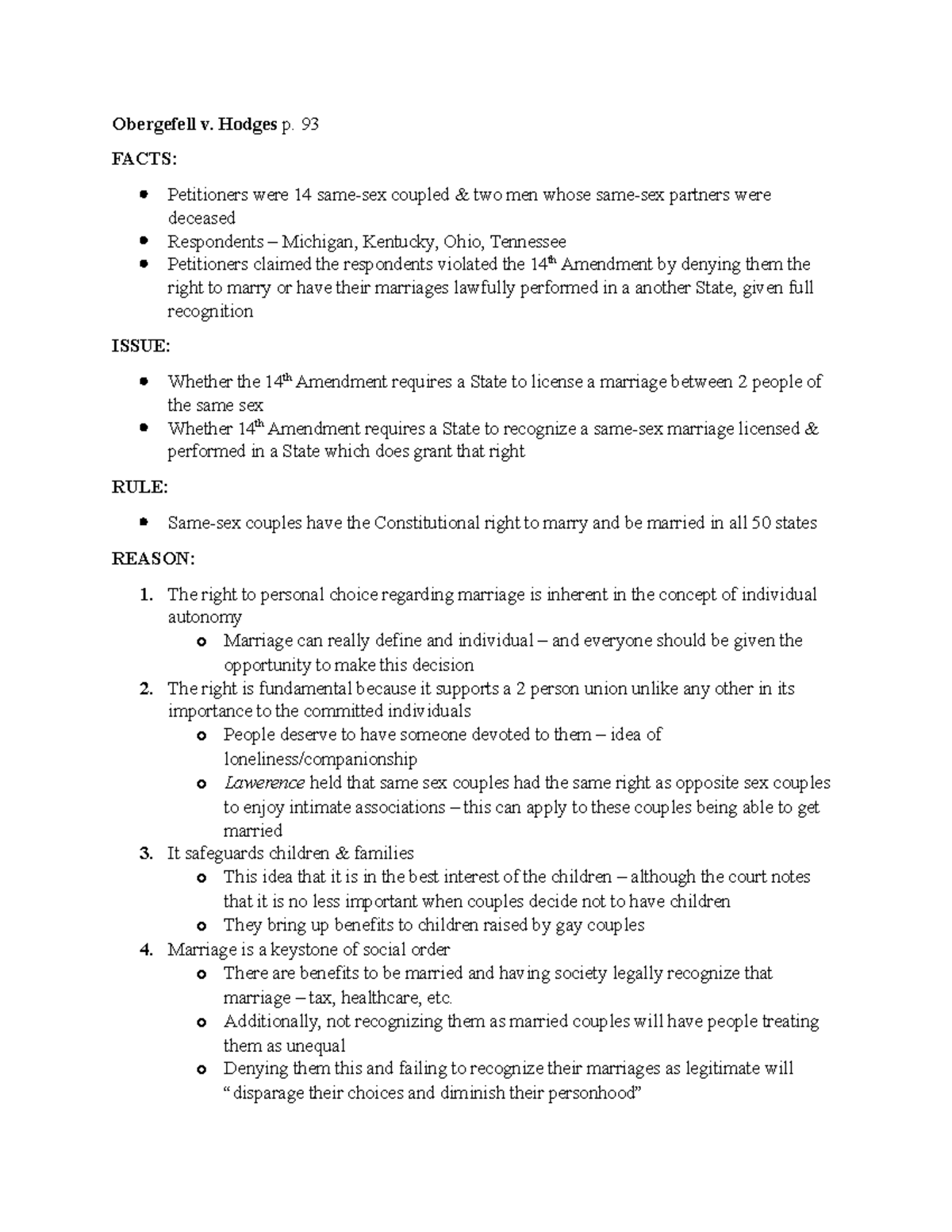 Gay Marriage - Case briefs for cases regarding this topic. - Obergefell ...